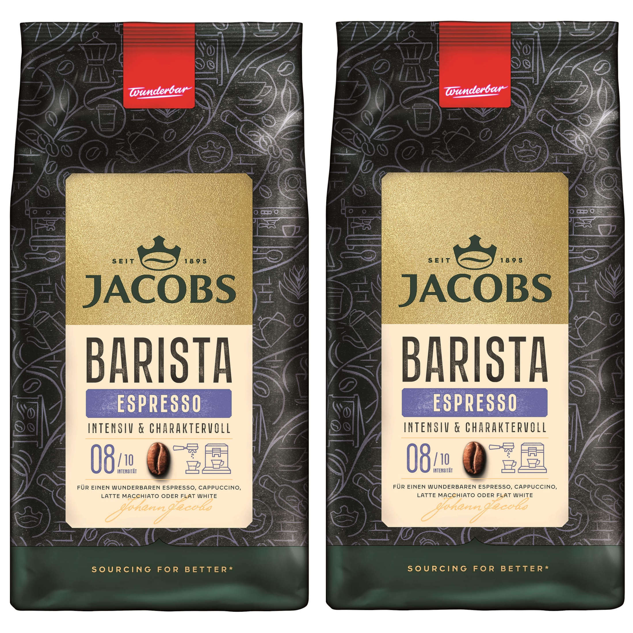 Zwei Kaffeepackungen. Jacobs Barista Espresso. Dunkler Hintergrund.
