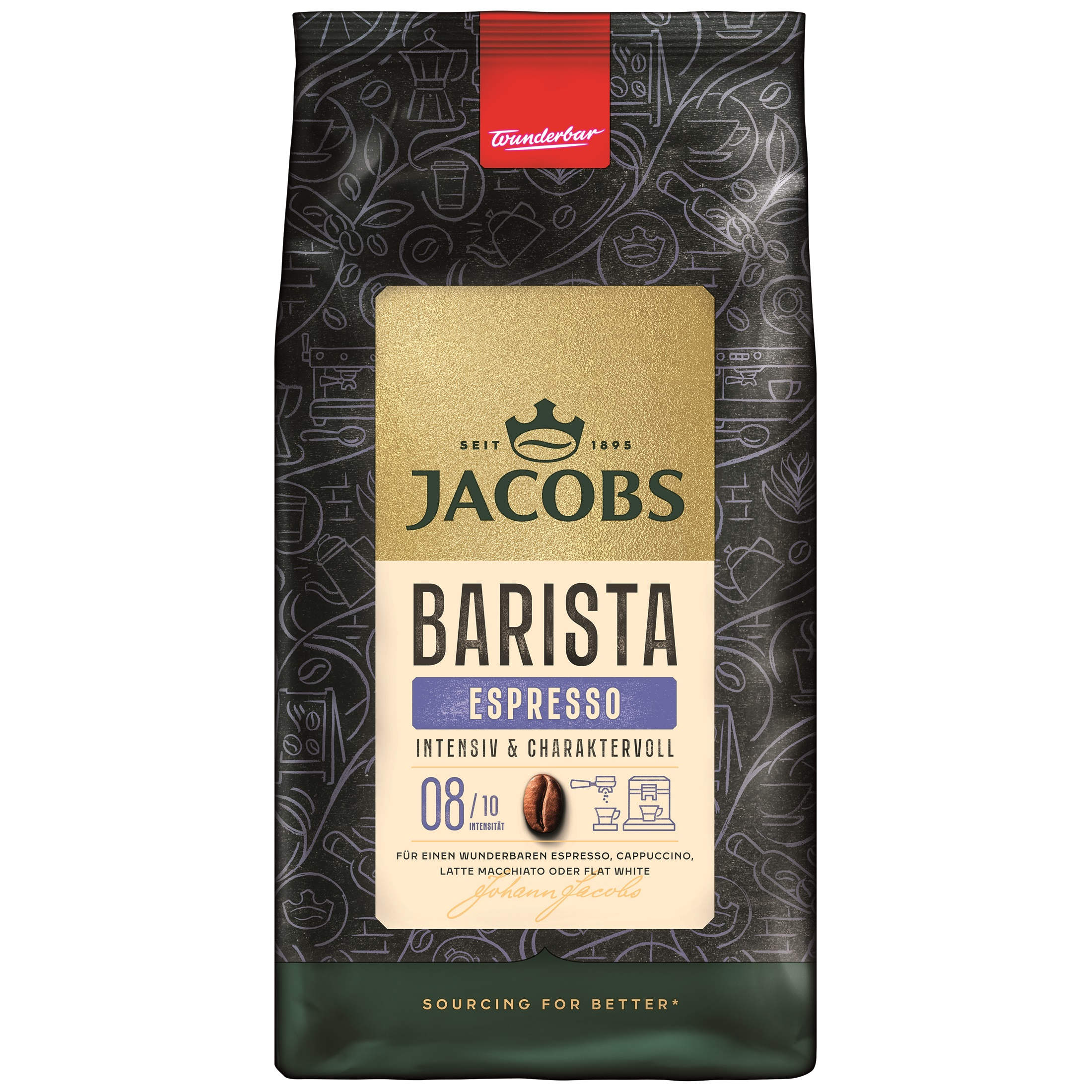 Jacobs Barista Espresso Kaffeepackung, schwarzer Hintergrund, goldene Akzente. Text und Kaffeebohnen-Illustration.