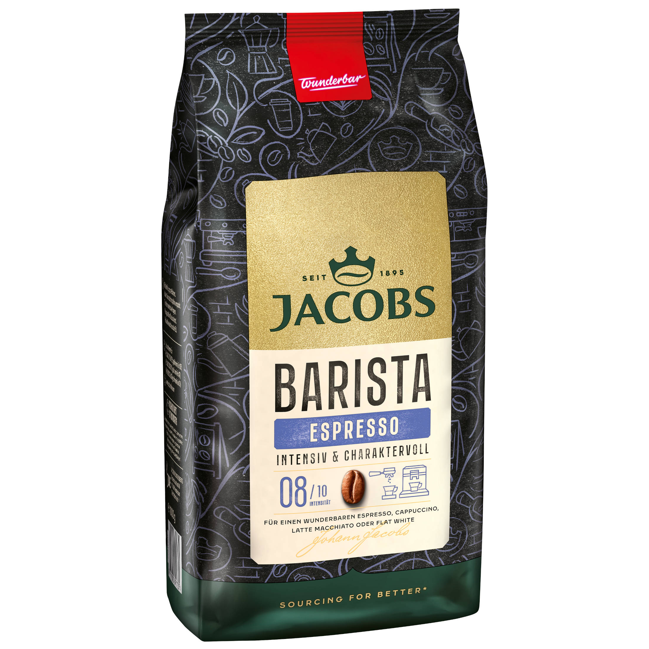 Jacobs Barista Espresso Kaffeepackung. Roter Deckel, goldenes Etikett, schwarzer Hintergrund.