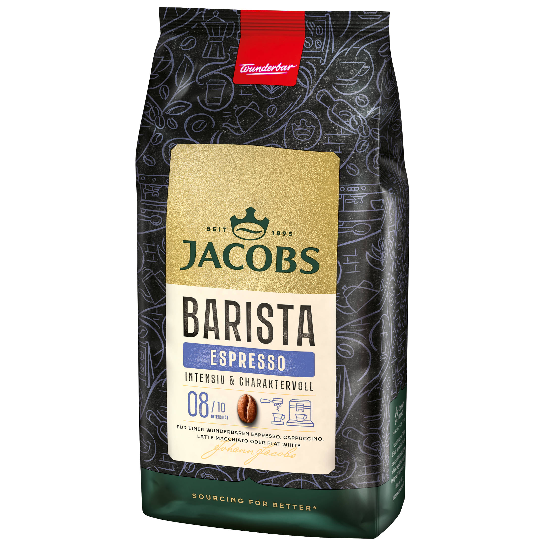 Jacobs Barista Espresso Kaffeetüte. Sie hat goldene und blaue Etiketten, mit einer Espressobohne darauf.