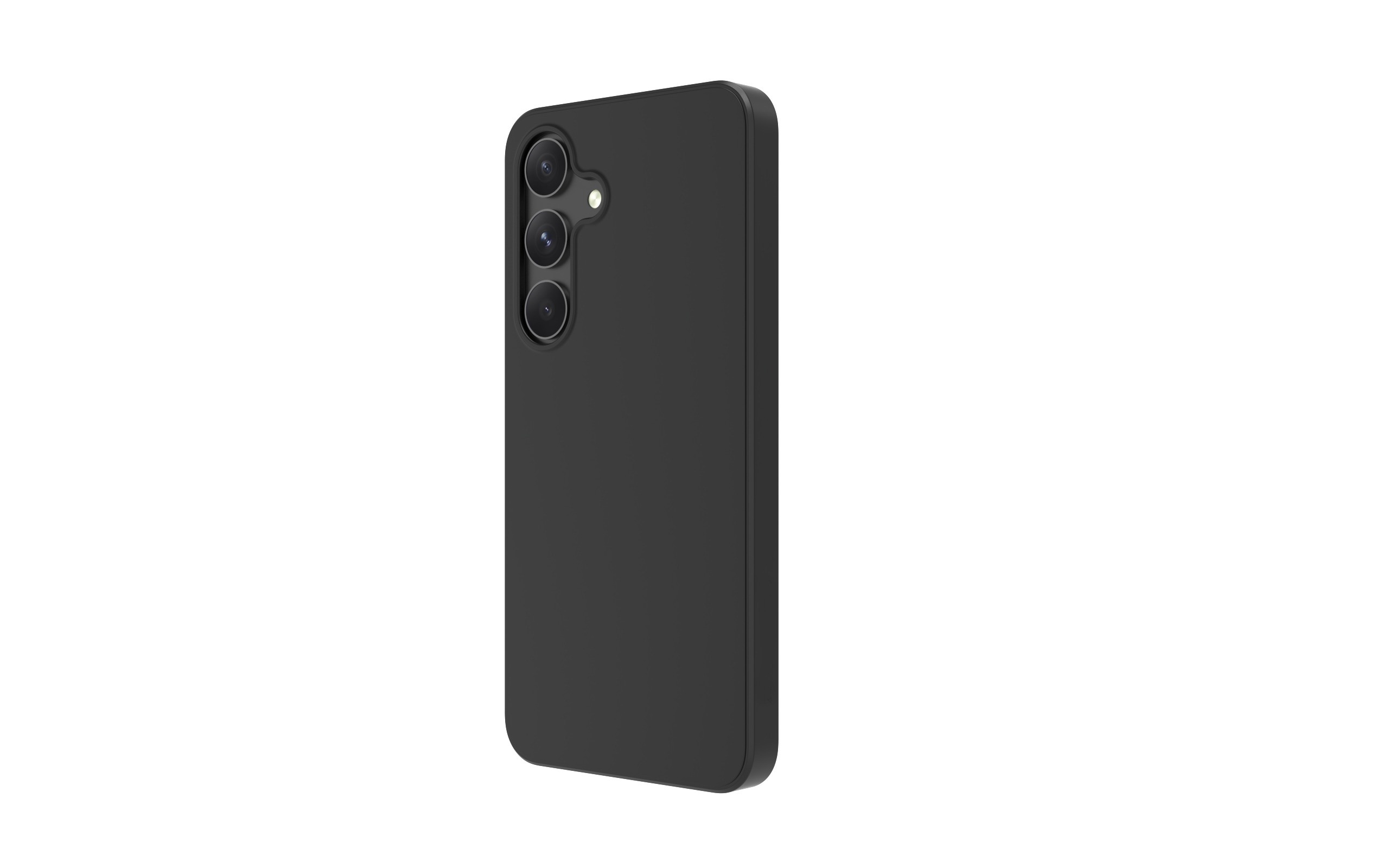 Retro di smartphone nero con modulo fotocamera a tre lenti, su sfondo bianco.