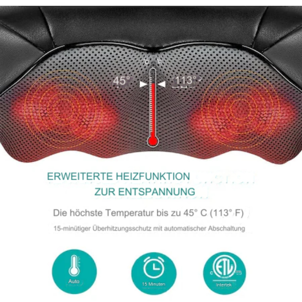 Ein Nackenmassagegerät mit hervorgehobenen Heizelementen. Temperaturanzeige zeigt 45°C/113°F.