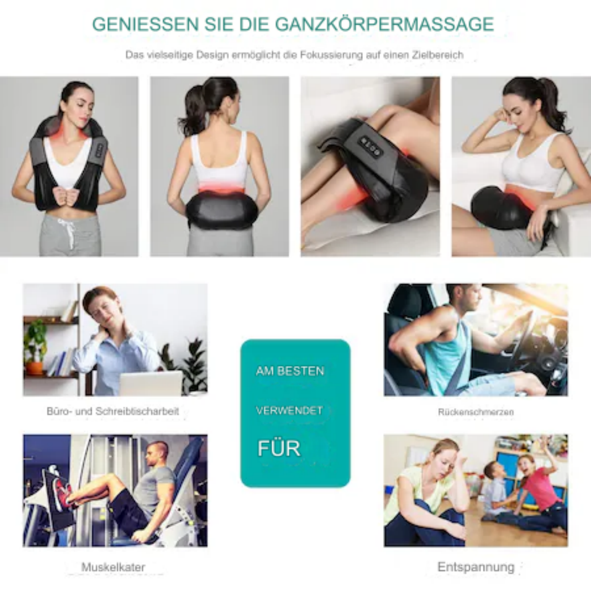 Diagramm mit verschiedenen Anwendungsmöglichkeiten eines Massagegeräts. Menschen, die es an Nacken, Rücken, Beinen usw. verwenden.