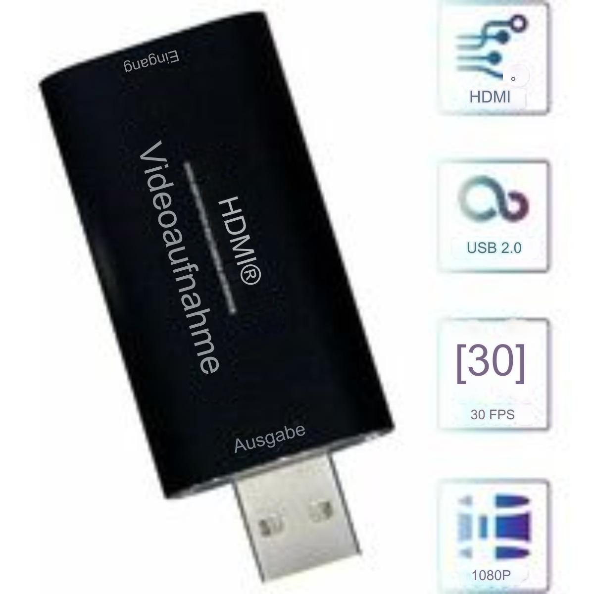 Schwarzes HDMI-Videoaufnahmegerät. HDMI-Eingangs- und -Ausgangsanschlüsse. Symbole für HDMI, USB, 30 FPS und 1080p.