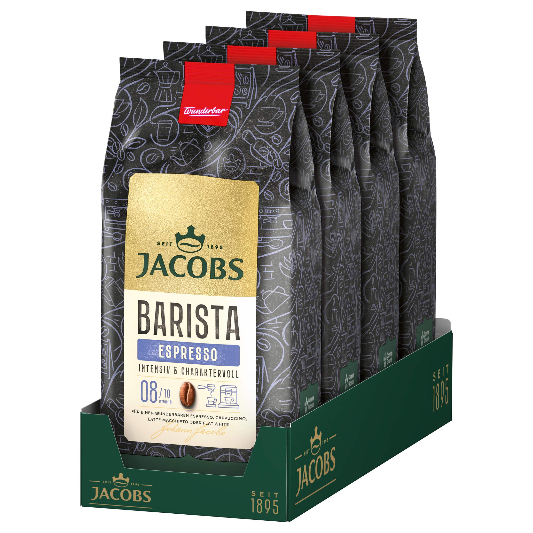 Sechs Packungen Jacobs Barista Espresso Kaffee in einer dunkelgrünen Schale, mit Text und Kaffeebohnenbild.