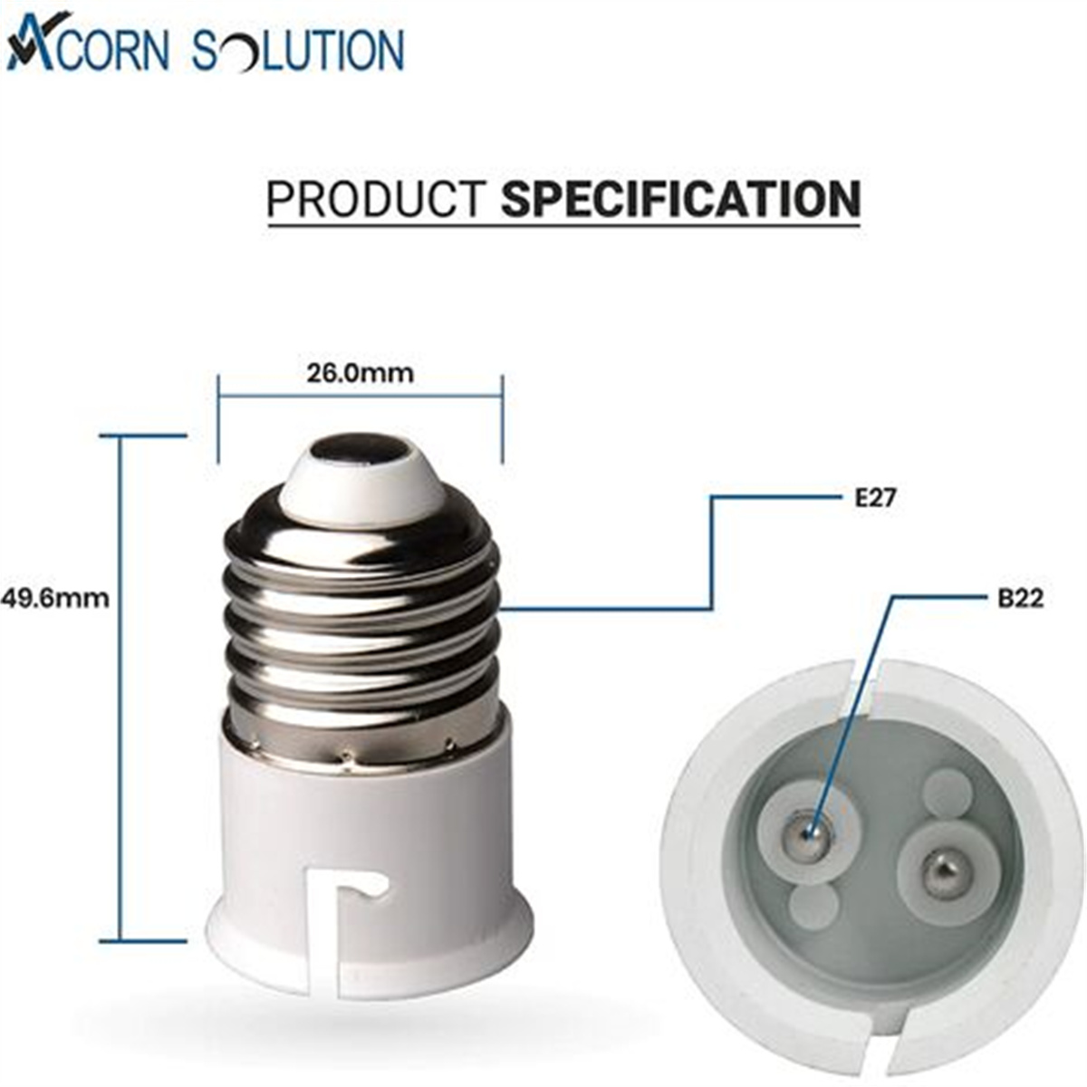 Ein weißer bis schwarzer Glühlampenadapter mit Maßen und einem Diagramm.