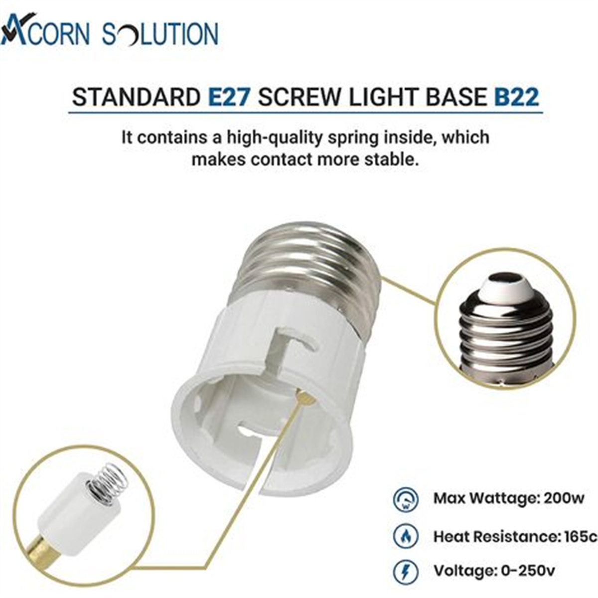 E27-Schraub-Leuchtsockel B22, mit Feder innen und Spezifikationen wie 200W max. Leistung.