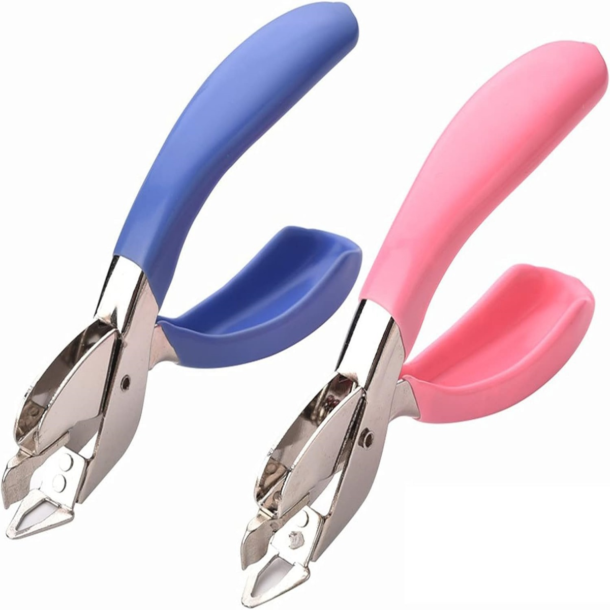 Zwei Tackerentferner, blaue und rosa Griffe, Metallteile. Weißer Hintergrund.