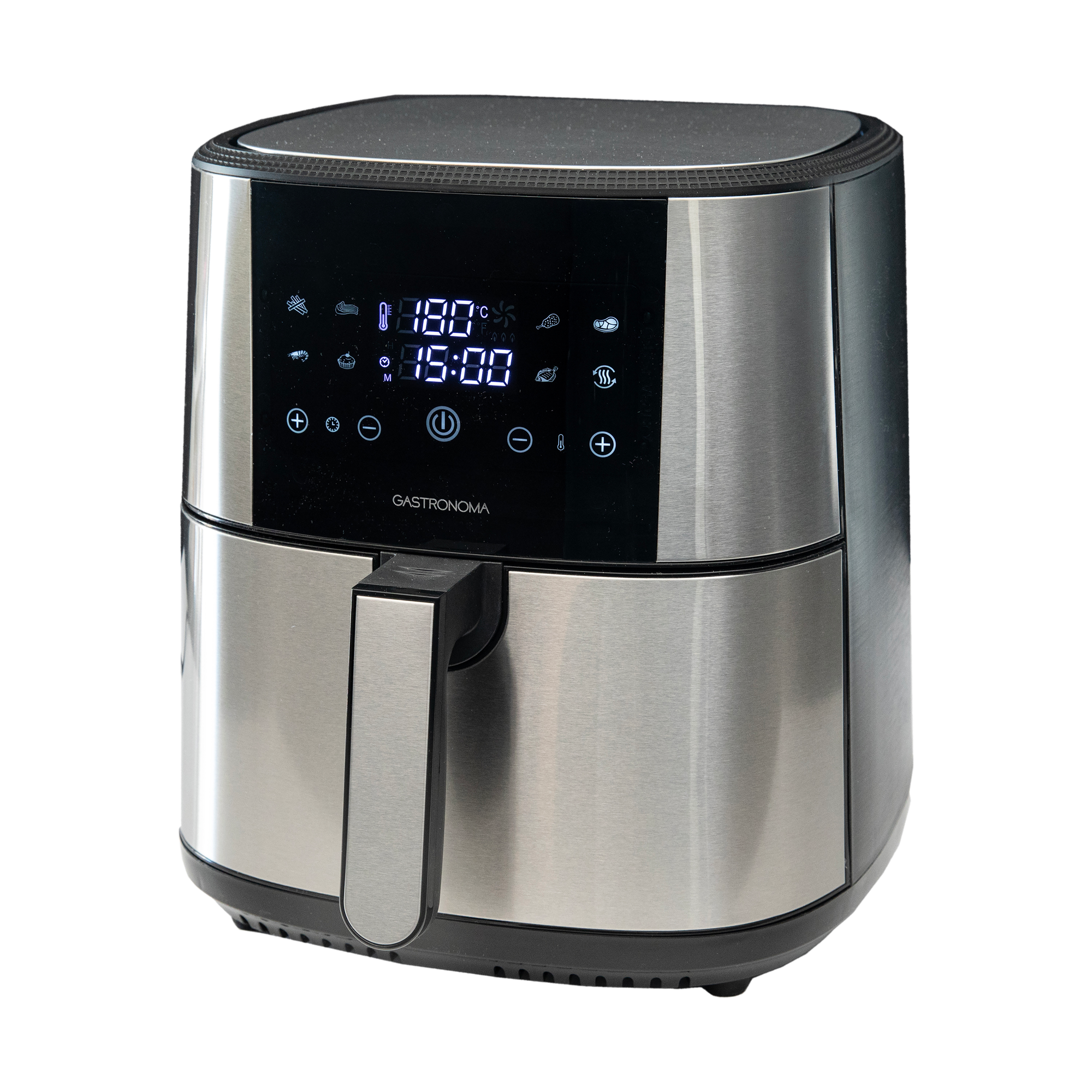 A silver air fryer with a digital display showing temperature and time. Black base and handle.