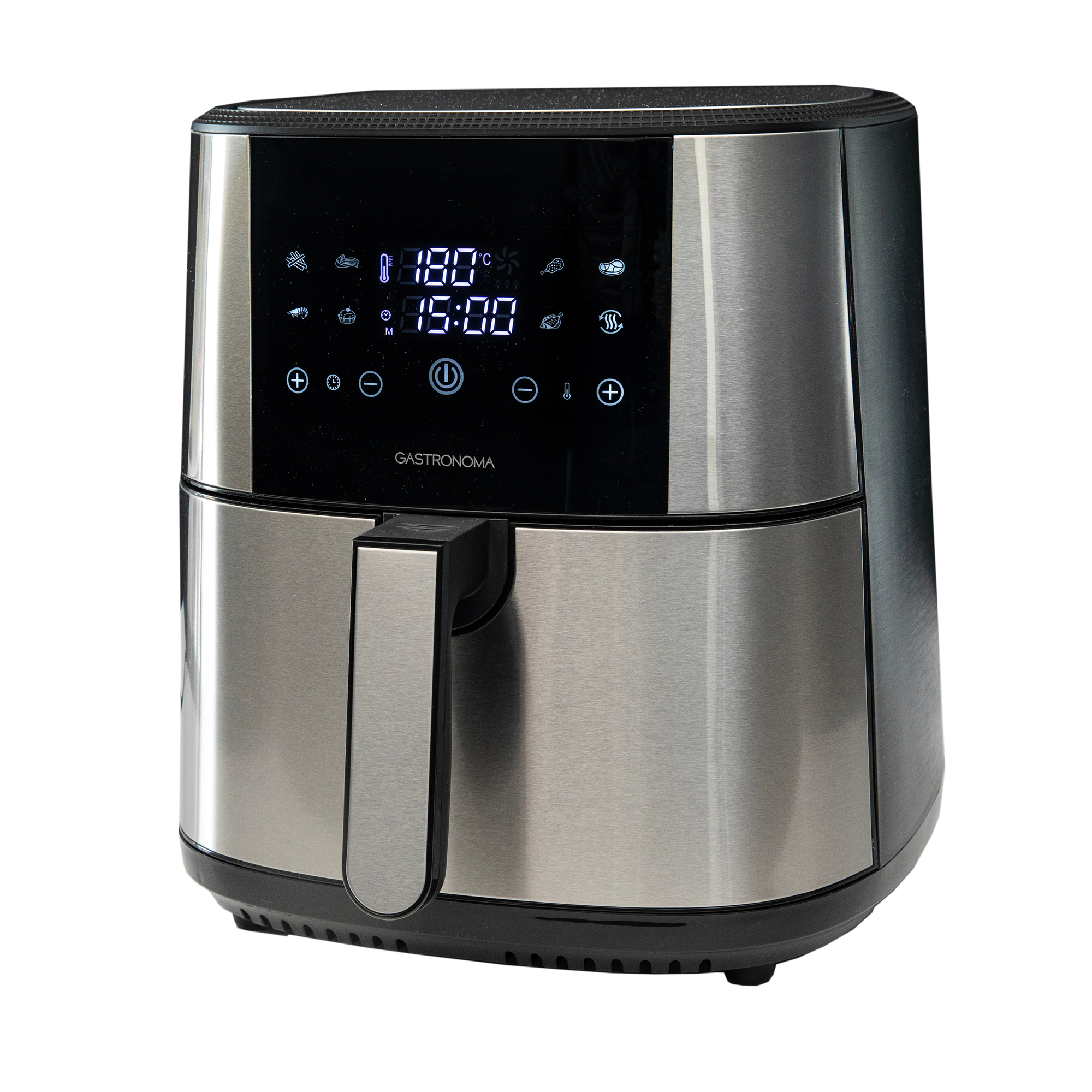 Silver and black air fryer. Digital display shows temperature and time. Handle on the front. White background.