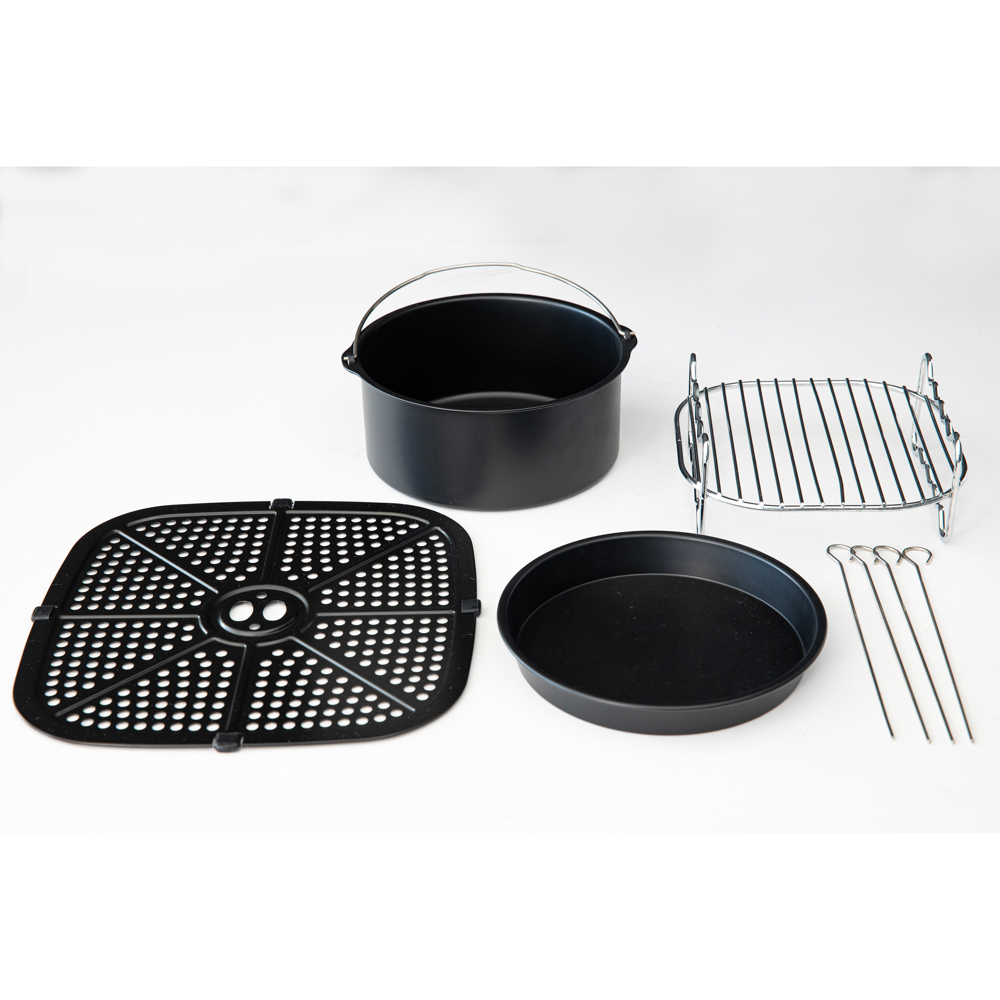 Air fryer accessories: a basket, a grilling rack, a baking pan, and skewers, all black.
