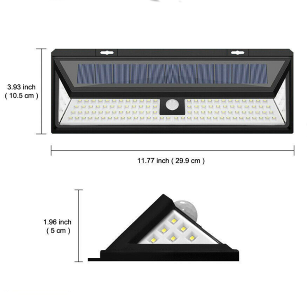 Schwarzes Solarlicht, Abmessungen gezeigt. Zeigt Vorder- und Seitenansichten.