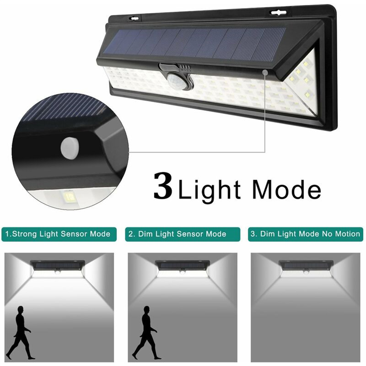 Ein Solarlicht mit drei Beleuchtungsmodi. Das Licht scheint auf einen Pfad.