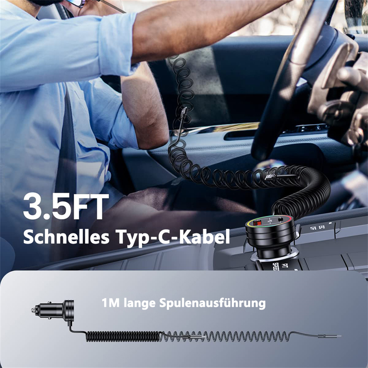 Ein Mann im Auto benutzt ein schwarzes Spiralkabel, das an einen USB-Anschluss angeschlossen ist, um sein Telefon aufzuladen.