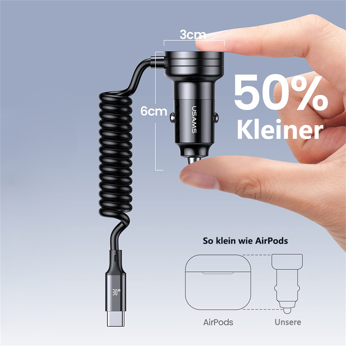 Autoladegerät mit Spiralkabel. Es ist schwarz mit einem USB-C-Anschluss und einem USB-Anschluss.