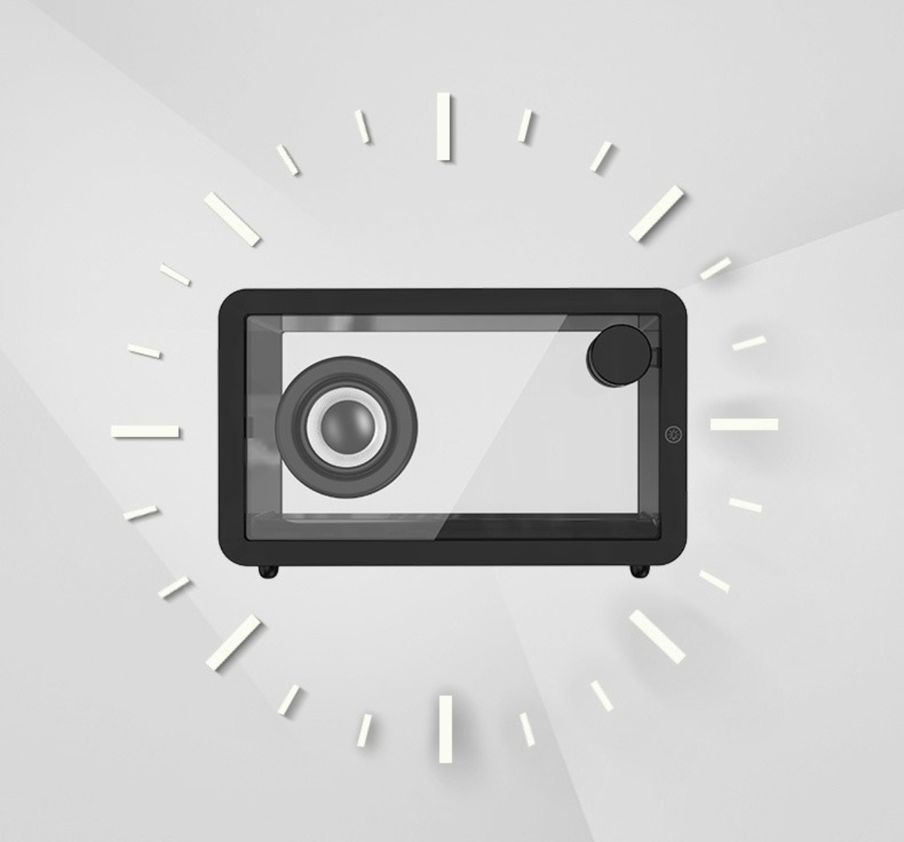 Ein uhrähnliches Design mit einem Lautsprecher in einer quadratischen Glasbox auf grauem Hintergrund.