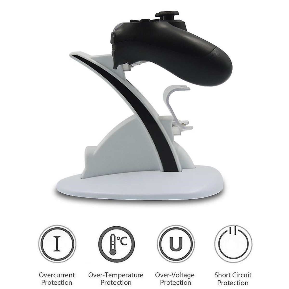 Weißer Ständer mit schwarzem Controller oben und Schutzsymbolen unten.