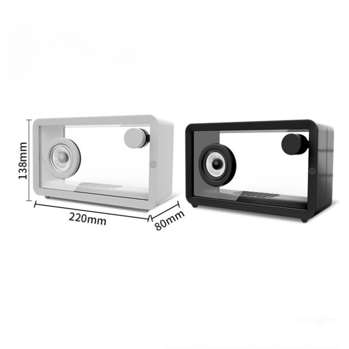 Zwei rechteckige Lautsprecher in Weiß und Schwarz. Der weiße ist 138 mm hoch, 220 mm breit und 80 mm tief.