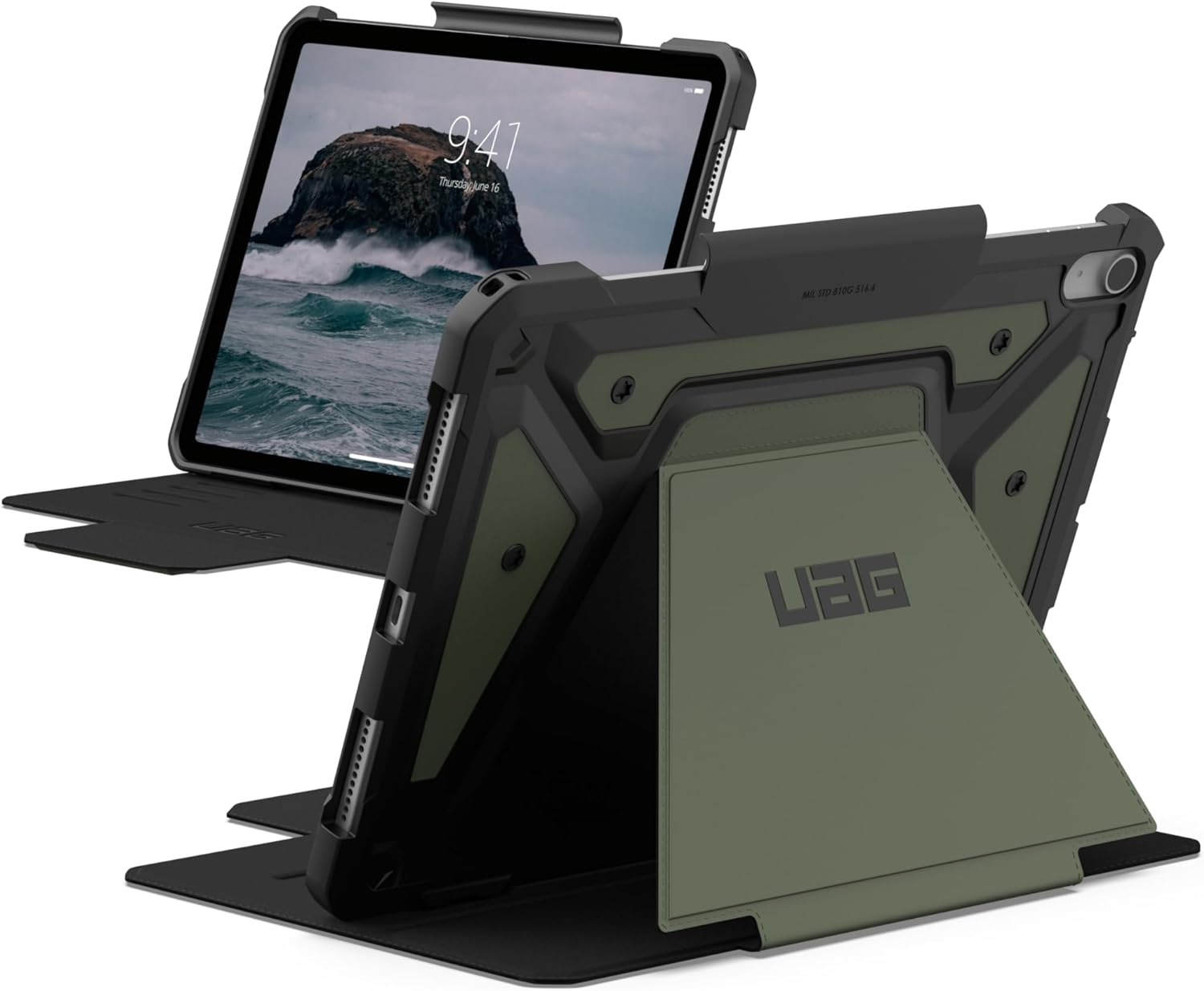 Tablet in robustem grünen Gehäuse, Bildschirm zeigt Landschaft, UAG-Logo auf Ständer.