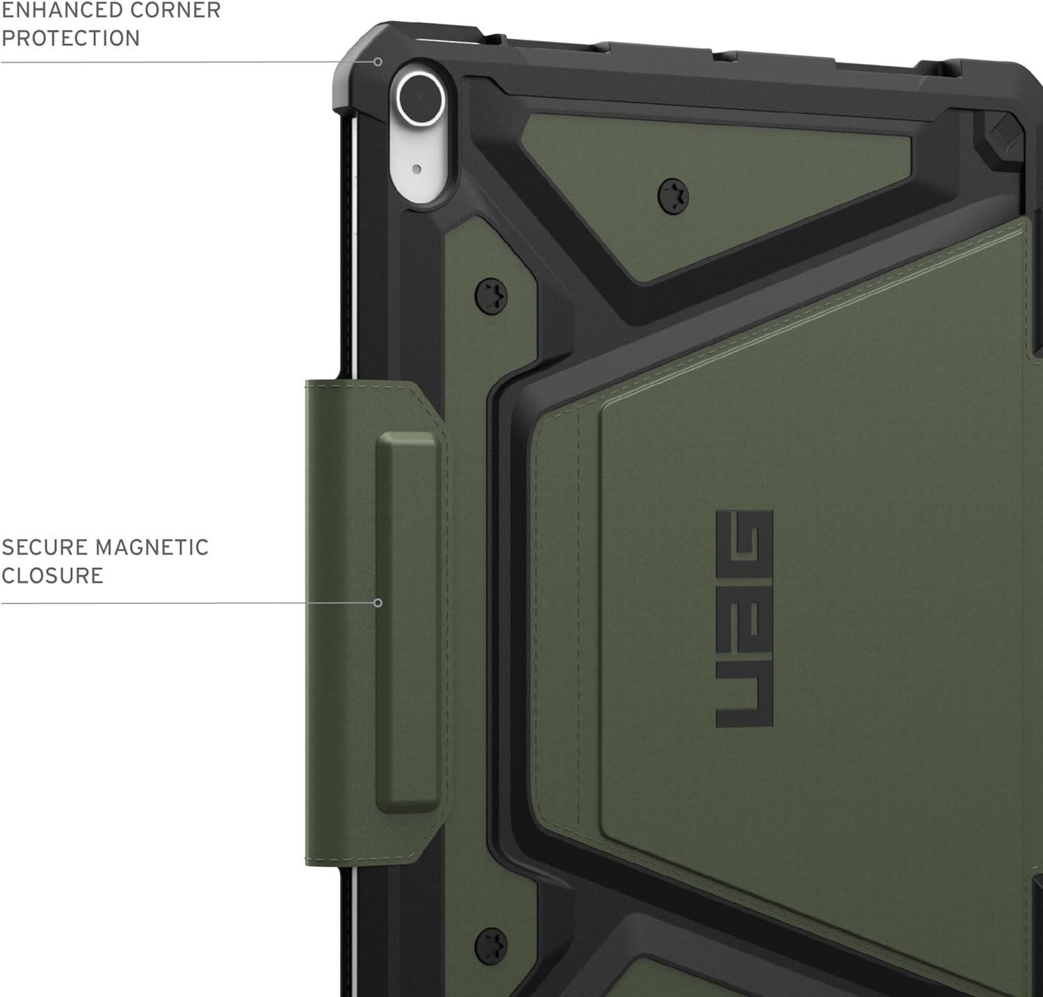 Olivgrüne Tablet-Hülle mit schwarzen Akzenten. Merkmale sind Eckenschutz und Magnetverschluss.