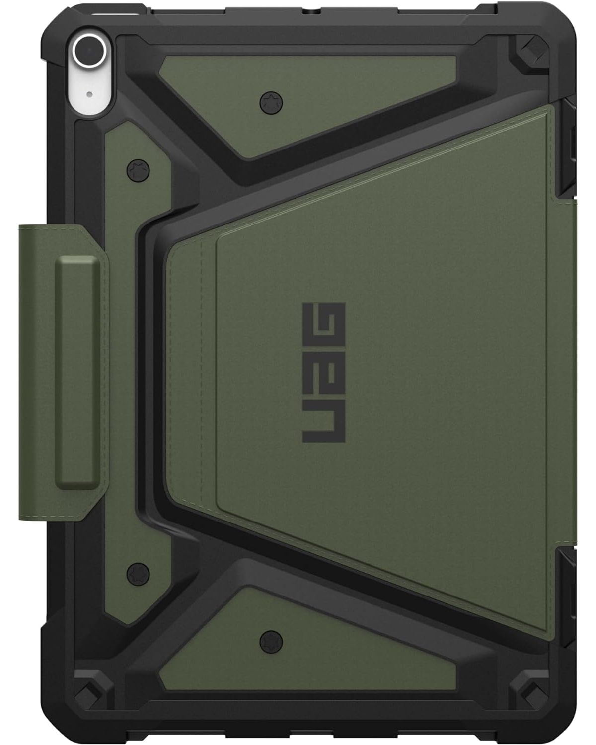 Grüne und schwarze Tablet-Hülle mit Ständer. Weißer Hintergrund.