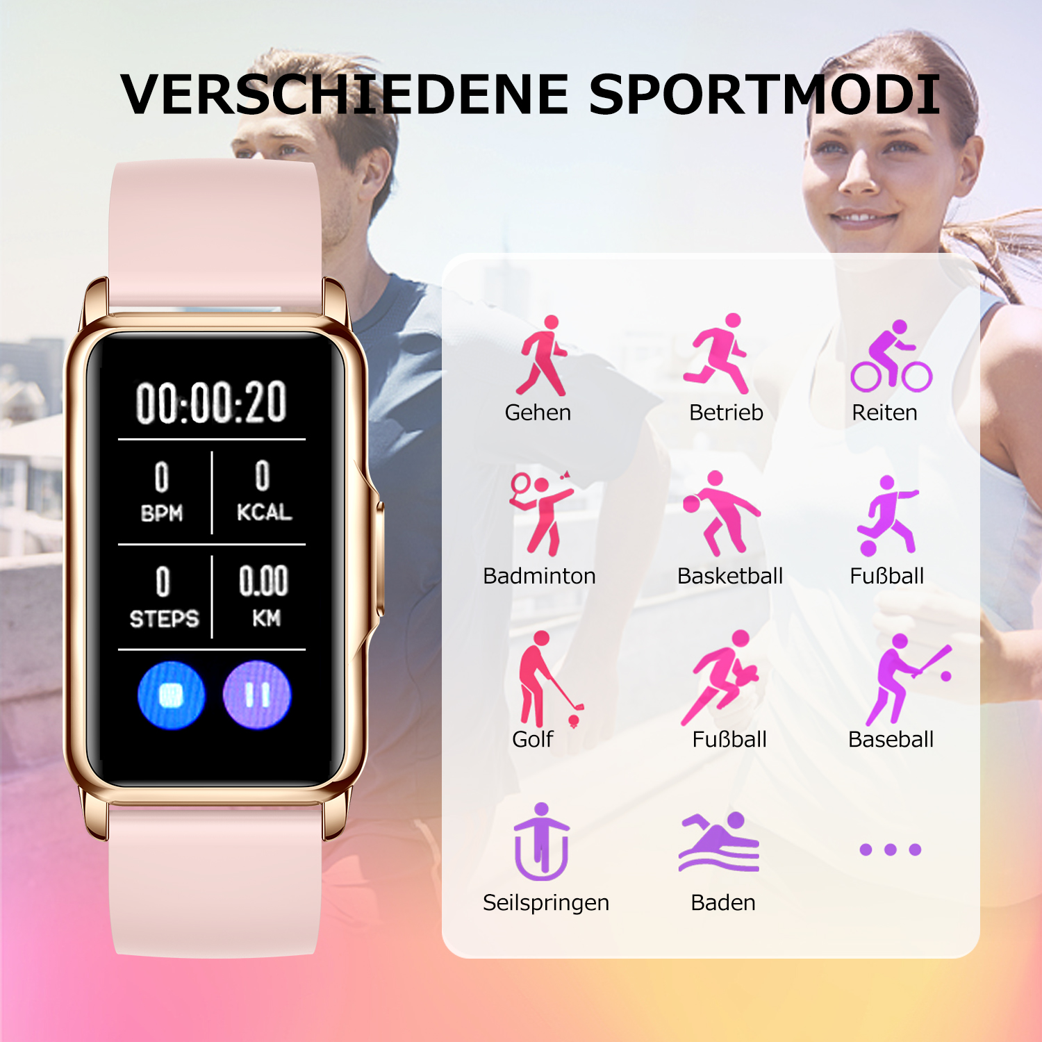 Smartwatch mit Sportmodi, verschiedenen Symbolen und Uhrzeit. Personen im Hintergrund unscharf.