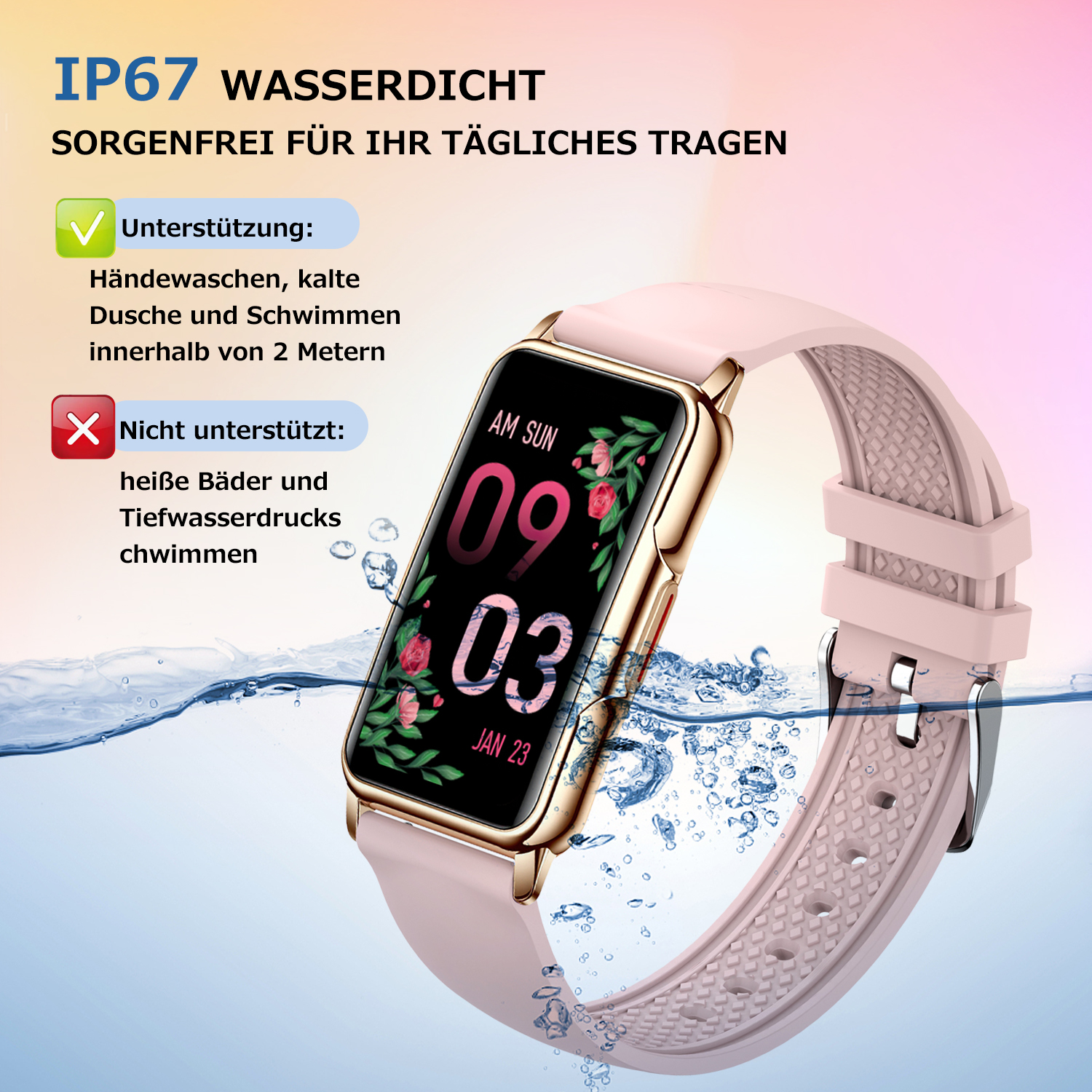 Smartwatch mit pinkfarbenem Armband, zeigt eine Digitaluhr. Wasserspritzer drumherum. Text auf dem Bildschirm.