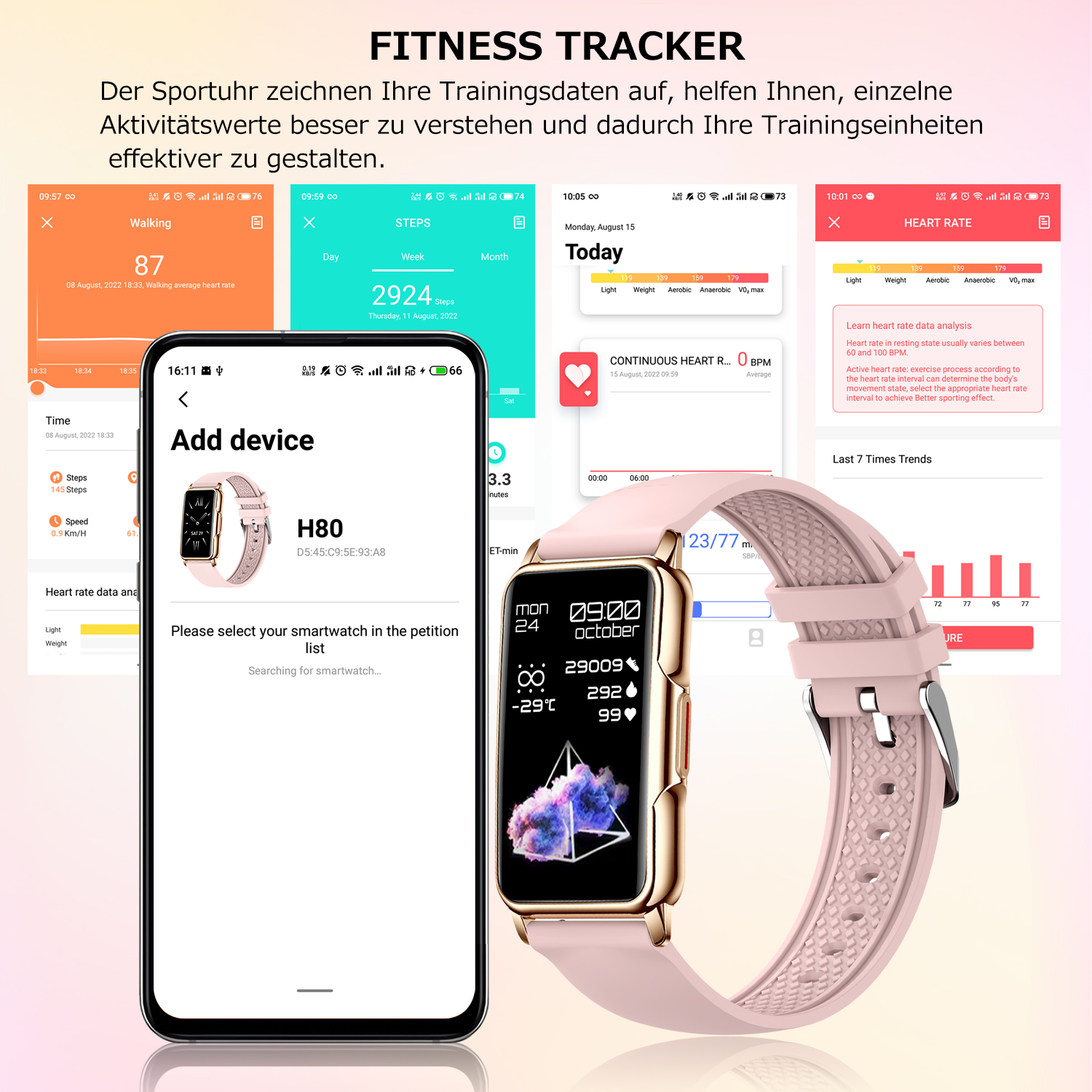 Ein Fitnesstracker zeigt Schritte, Herzfrequenz und andere Gesundheitsdaten auf dem Bildschirm. Eine rosa Uhr ist im Fokus.