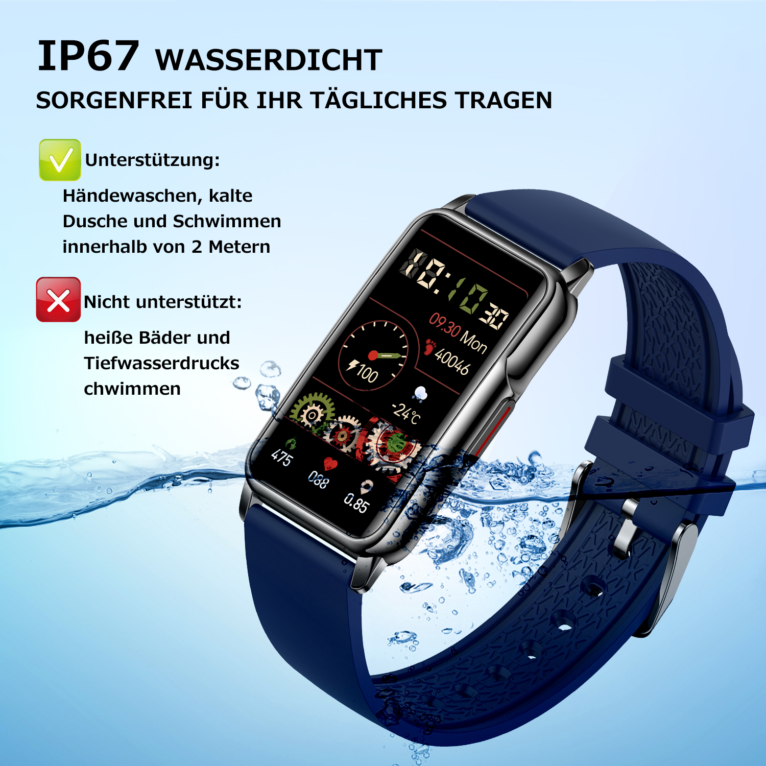 Smartwatch mit blauem Armband, zeigt Zeit, Gesundheitsmetriken und Wassertropfen. Text: IP67 wasserdicht.