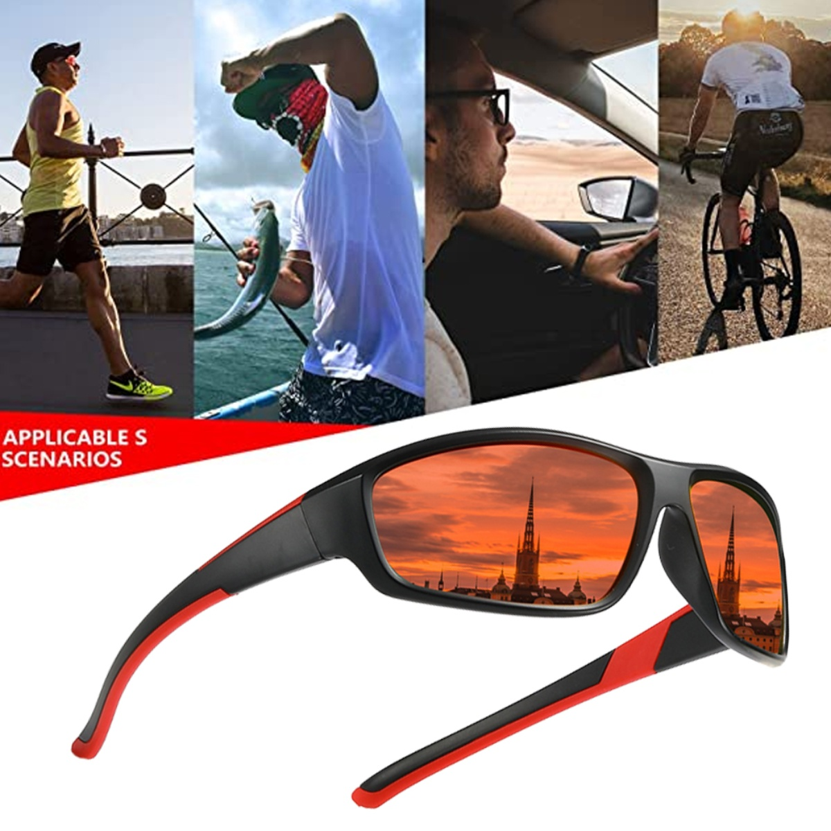 Sonnenbrille mit Stadtansicht-Reflexion, mit Menschen bei Aktivitäten.