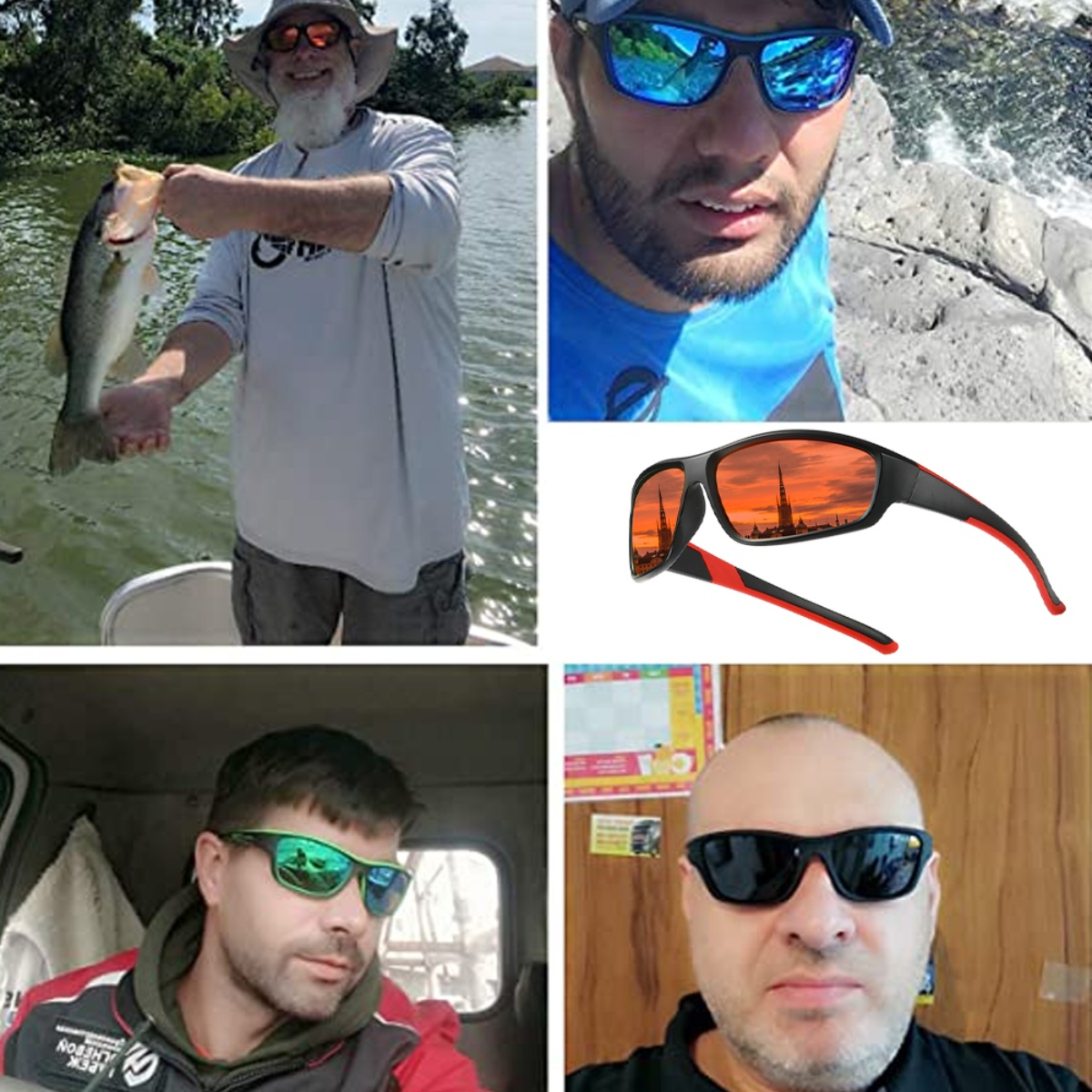 Collage von Personen mit Sonnenbrillen, darunter ein Mann mit Fisch.