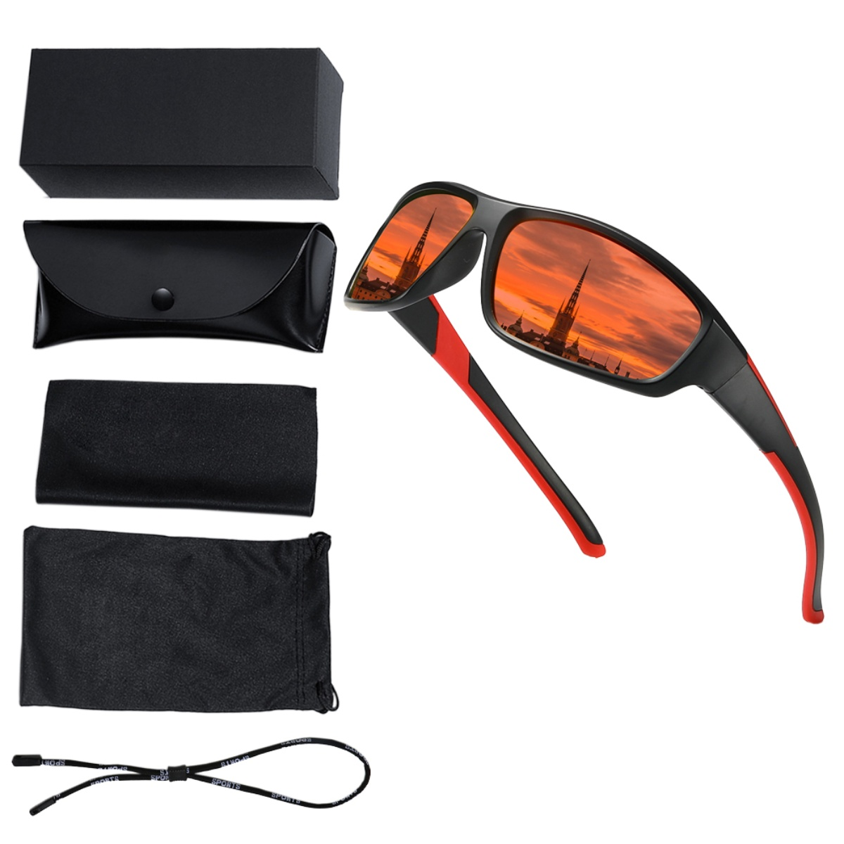 Sonnenbrille mit schwarzem Gestell und roten Bügeln. Reflektierende Gläser zeigen Gebäude und Himmel.