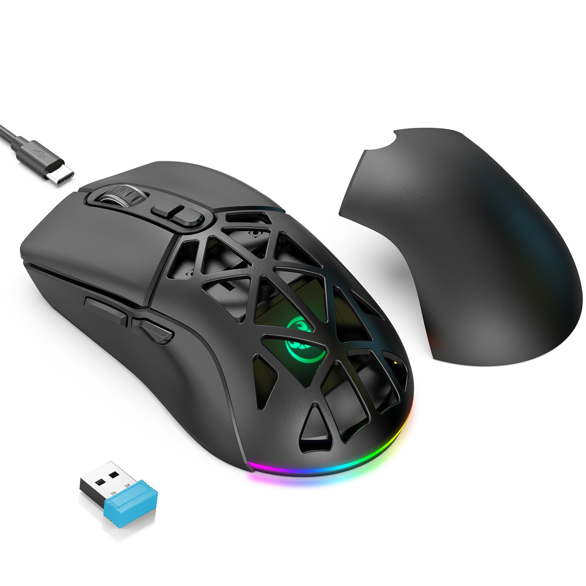 Eine schwarze Gaming-Maus mit abnehmbarer Oberseite, USB-C-Kabel und USB-Empfänger.