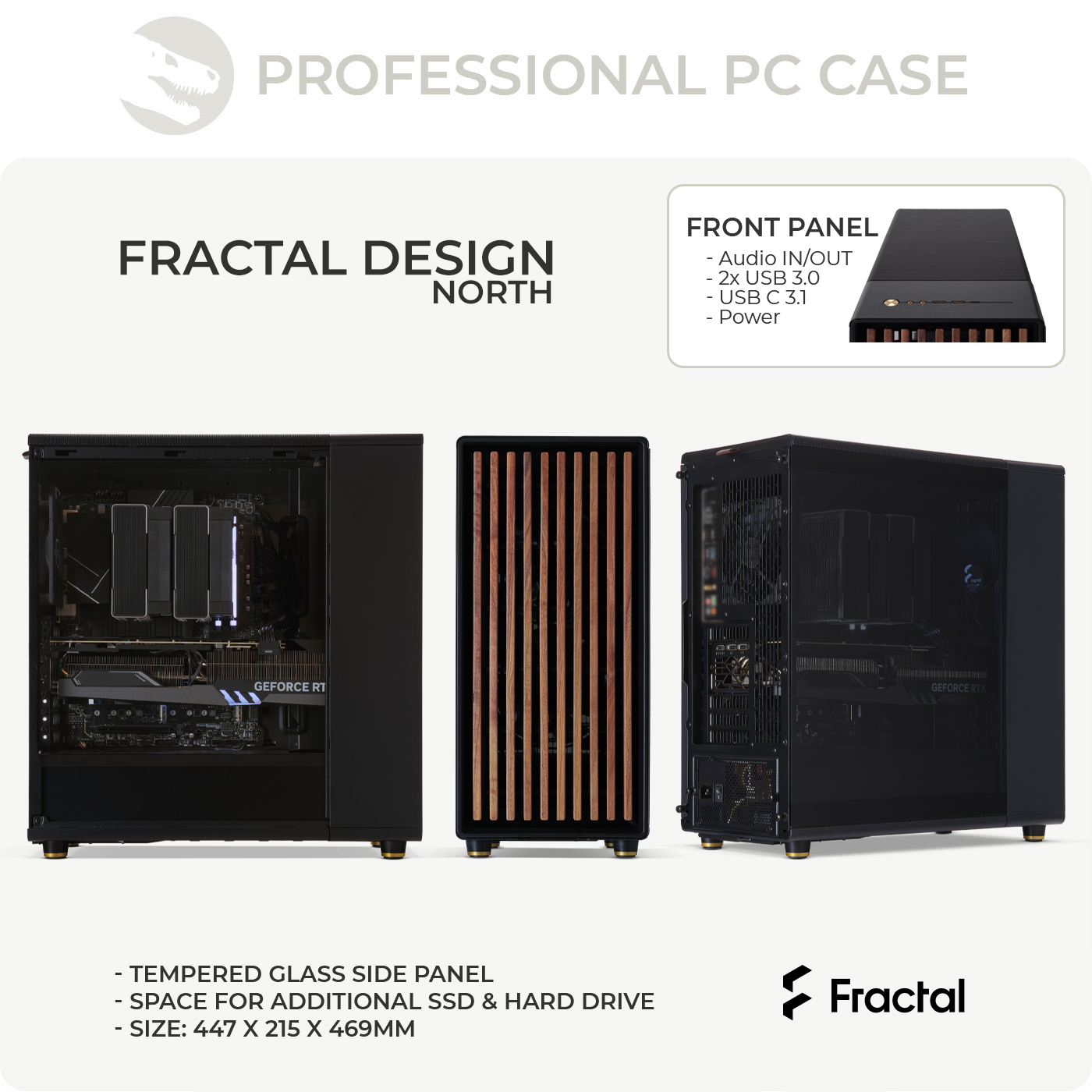 Trzy widoki czarnej obudowy komputera. Widoczne szczegóły panelu przedniego i komponentów wewnętrznych.