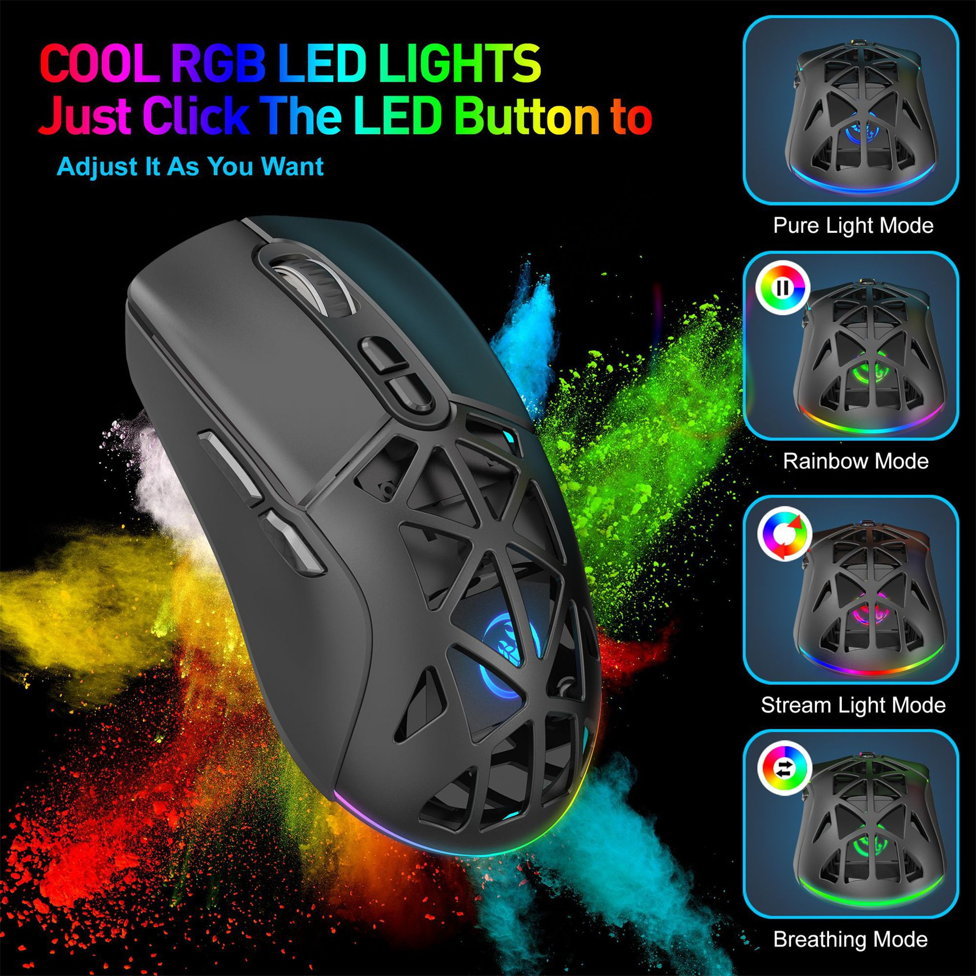 Schwarze Gaming-Maus mit RGB-Beleuchtung. Tasten und ein Scrollrad. Mehrere Modi gezeigt. Weißer Hintergrund.