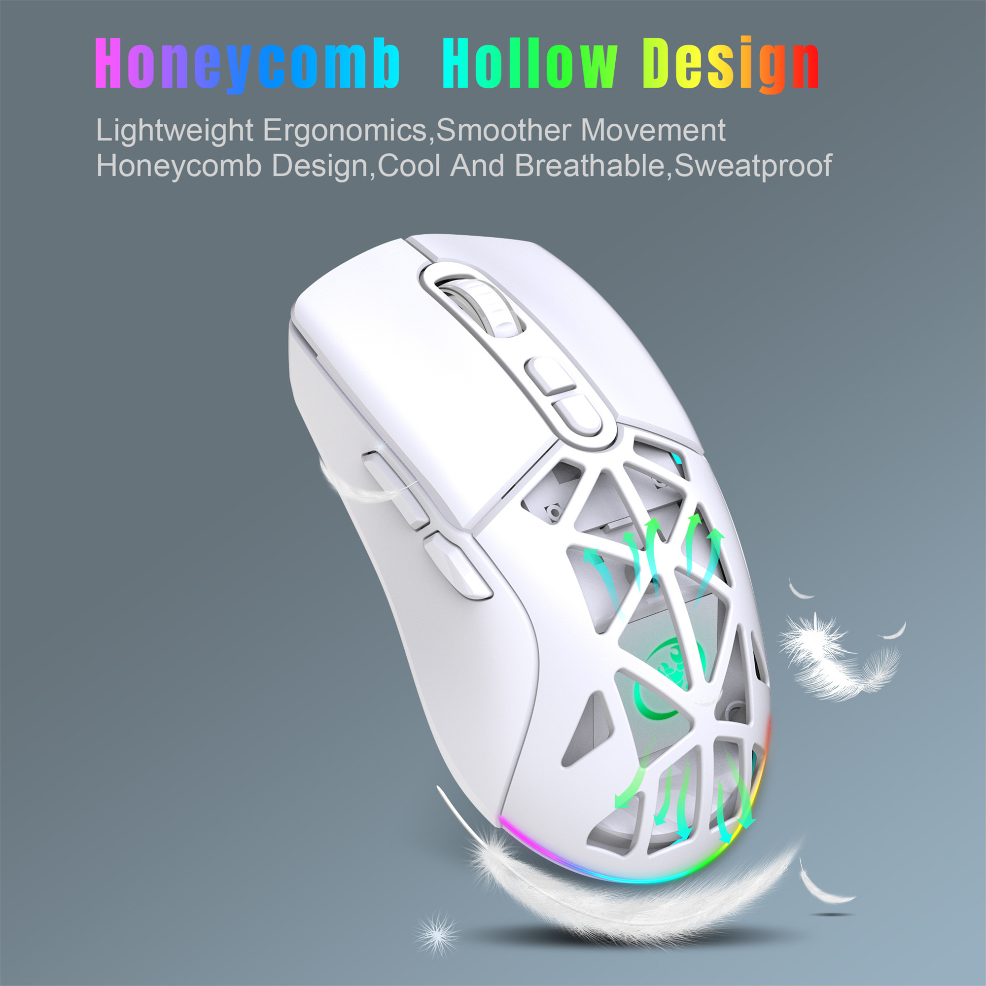 Eine weiße Gaming-Maus mit Wabenmuster und farbigen Akzenten. Text sagt 'Honeycomb Hollow Design'.
