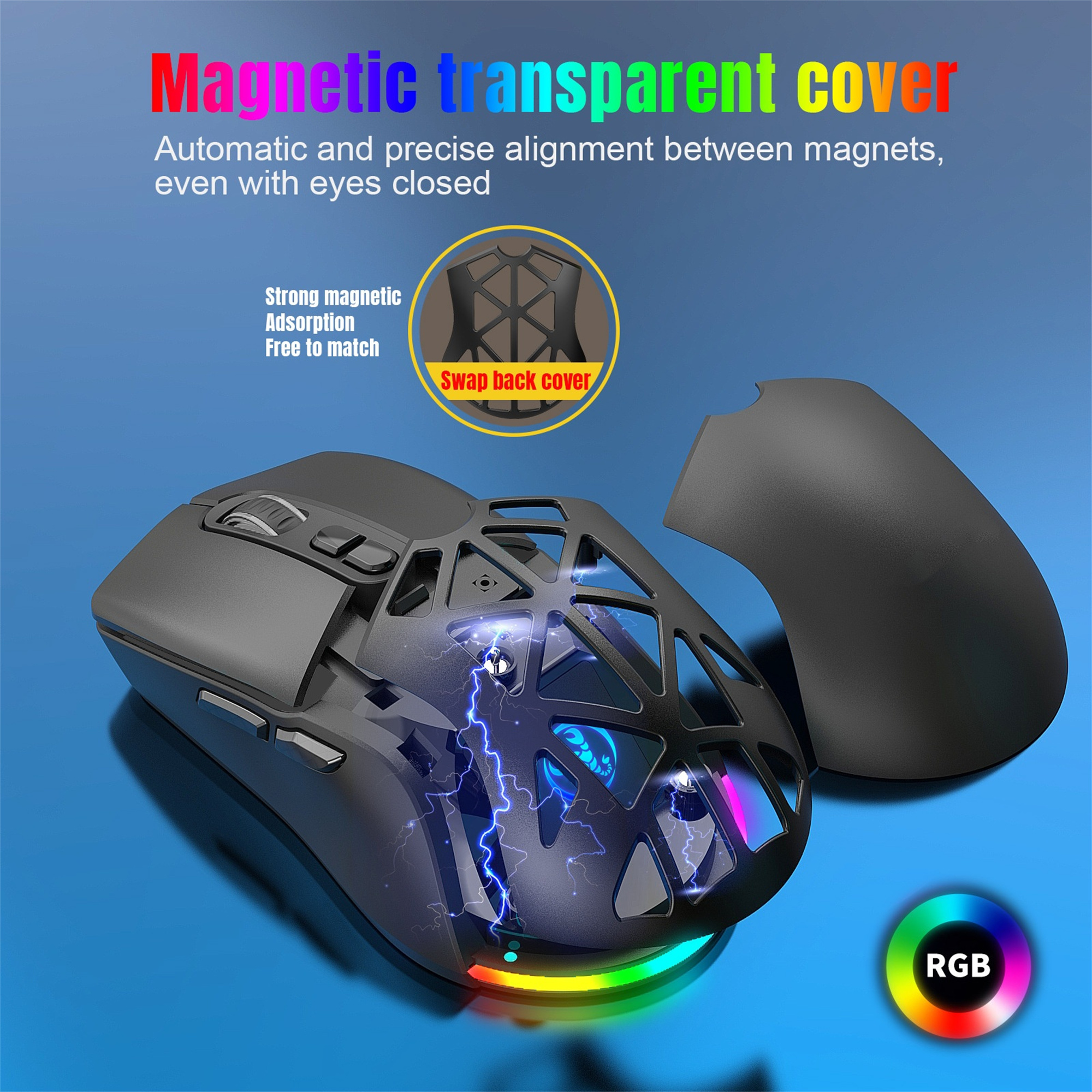 Gaming-Maus mit magnetischer, transparenter Abdeckung, RGB-Beleuchtung und Swap-Option für die Rückseite.