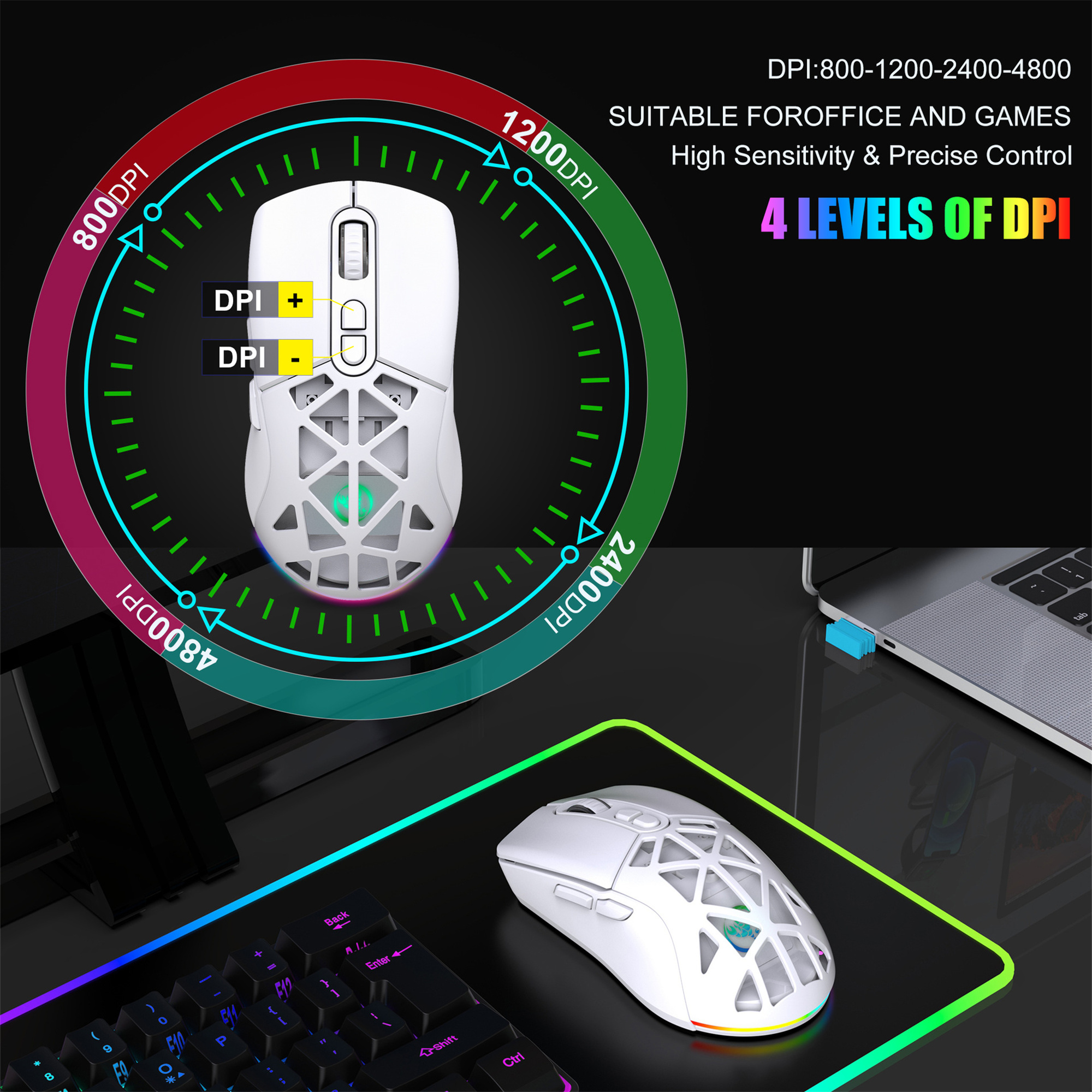 Eine weiße Maus mit DPI-Anzeige, eine Tastatur und ein Laptop liegen auf einem farbenfrohen Gaming-Mauspad.