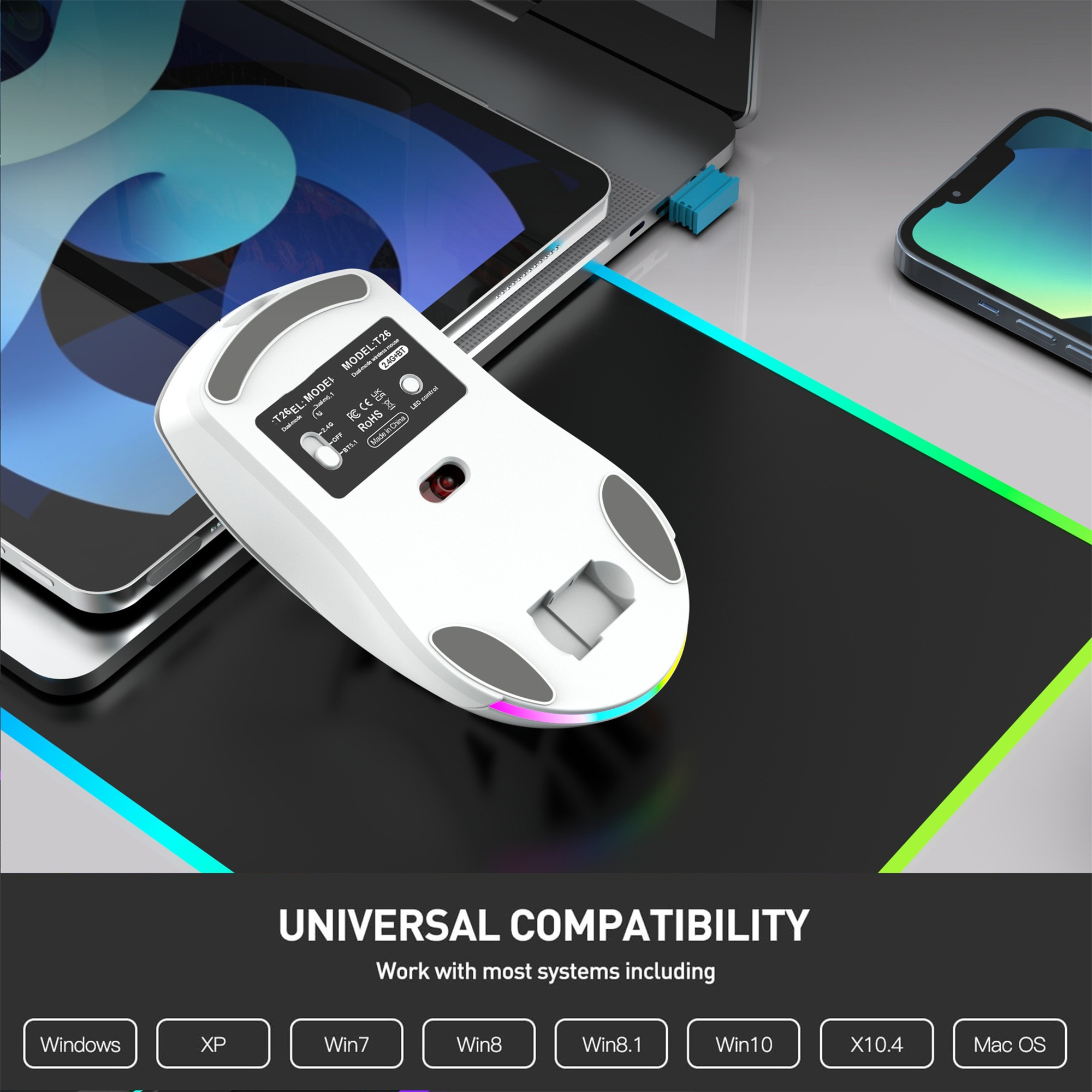 Weiße Maus auf schwarzem Pad. USB-Empfänger sichtbar. Text: Universelle Kompatibilität.