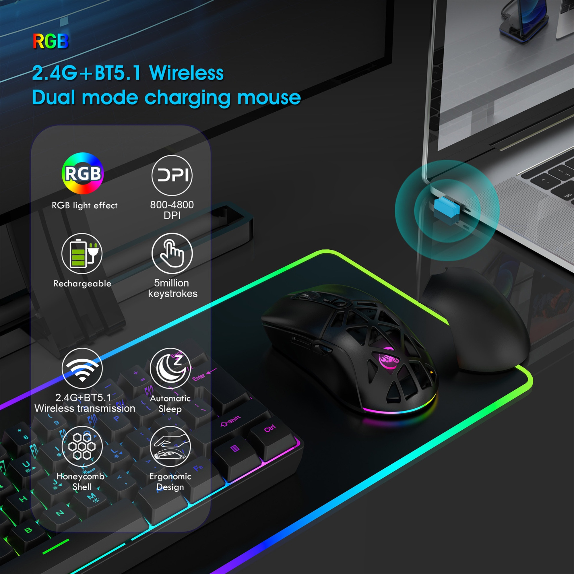 Schwarze Gaming-Maus mit RGB-Beleuchtung, Tastatur und Laptop. Die Maus hat ein Wabenmuster.