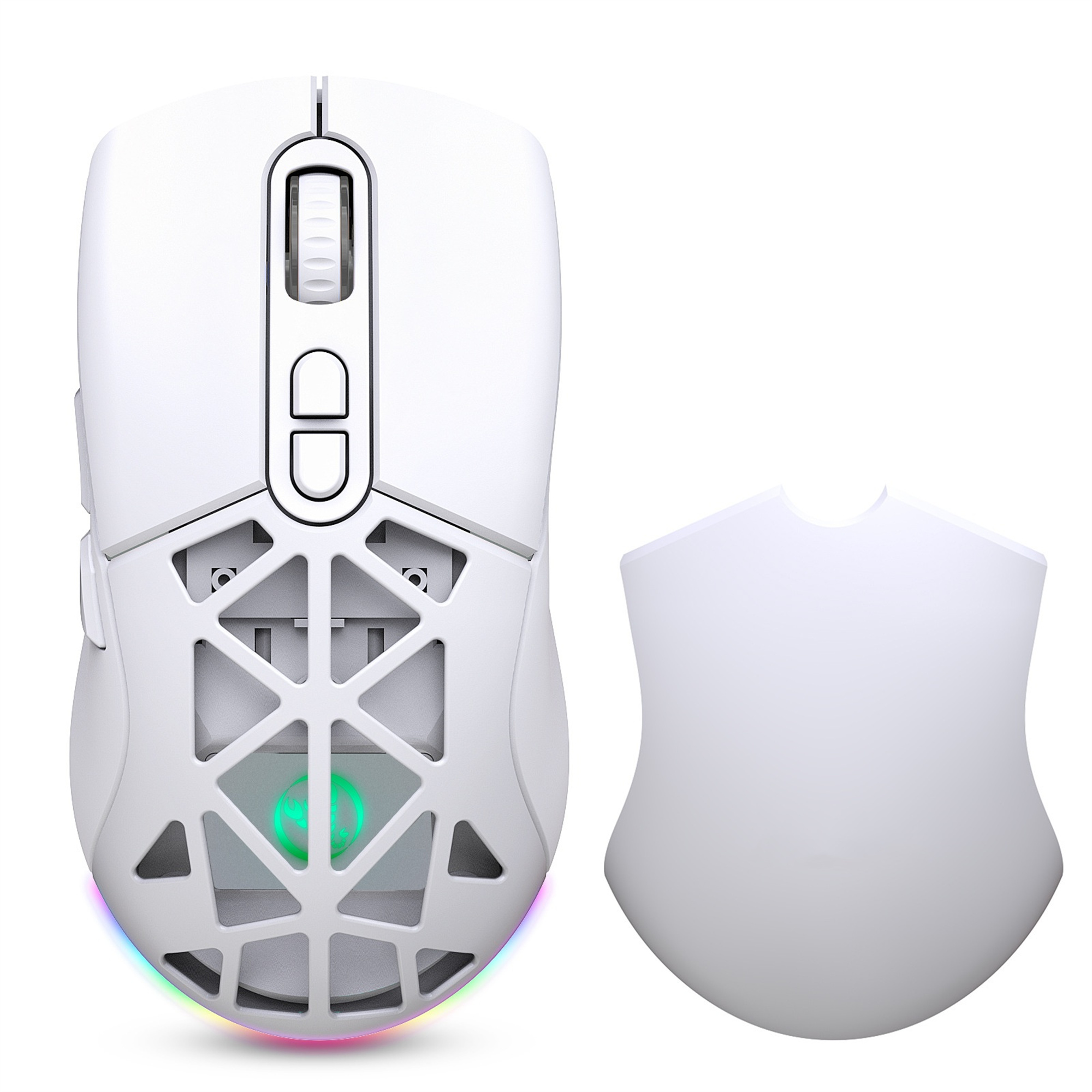 Weiße Gaming-Maus mit offenem Design. RGB-Beleuchtung. Abnehmbares Panel. Weißer Hintergrund.