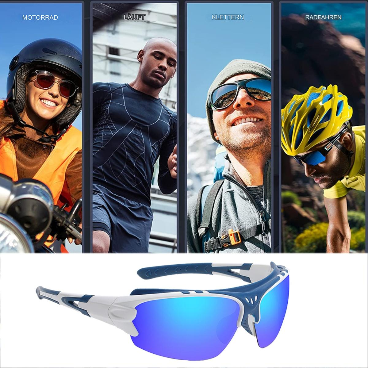 Menschen in Aktion mit Sonnenbrillen: Motorrad, Laufen, Klettern und Radfahren. Sonnenbrille darunter ausgestellt.
