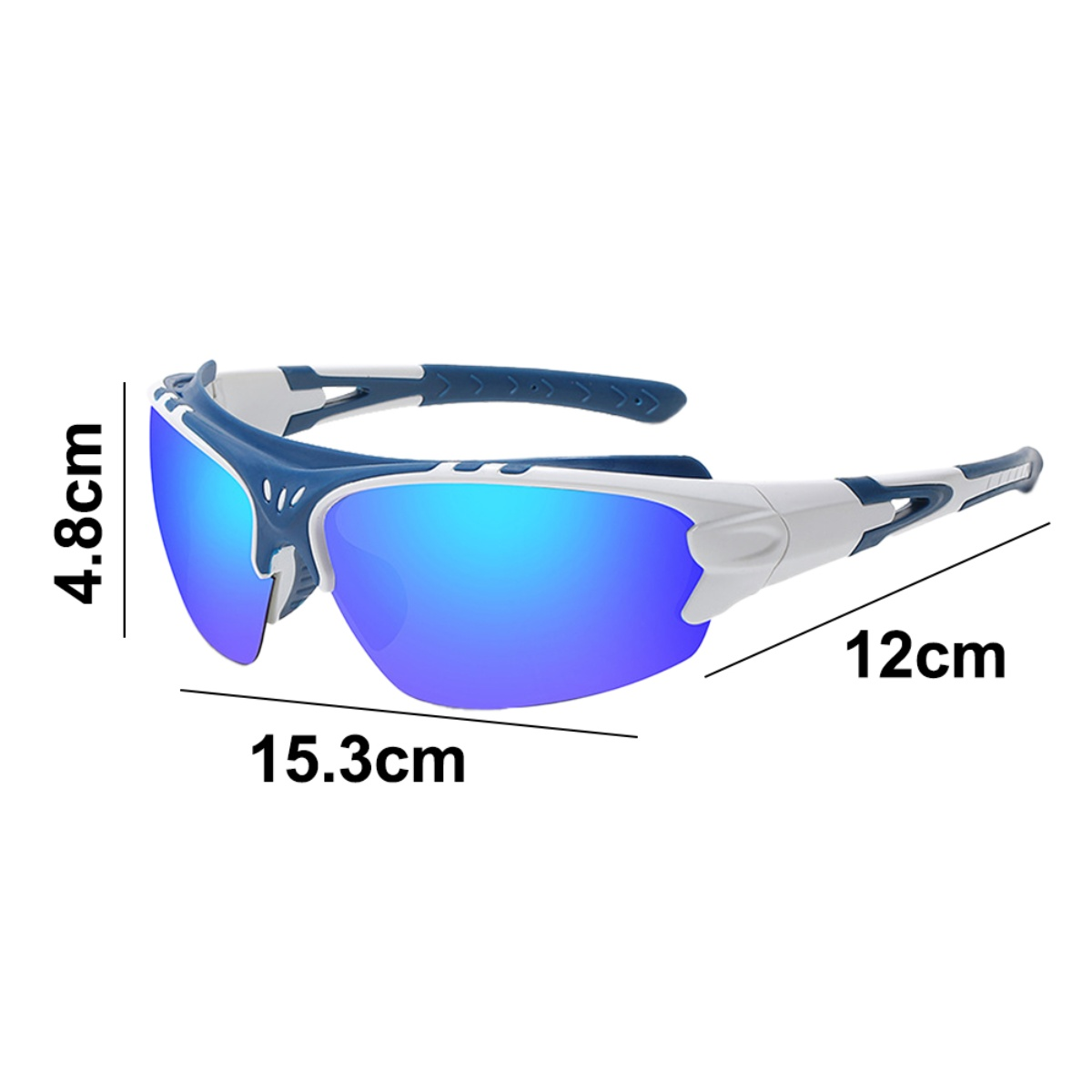 Blaue und weiße Sportsonnenbrille auf weißem Hintergrund mit Größenangaben. Die Gläser sind blau.