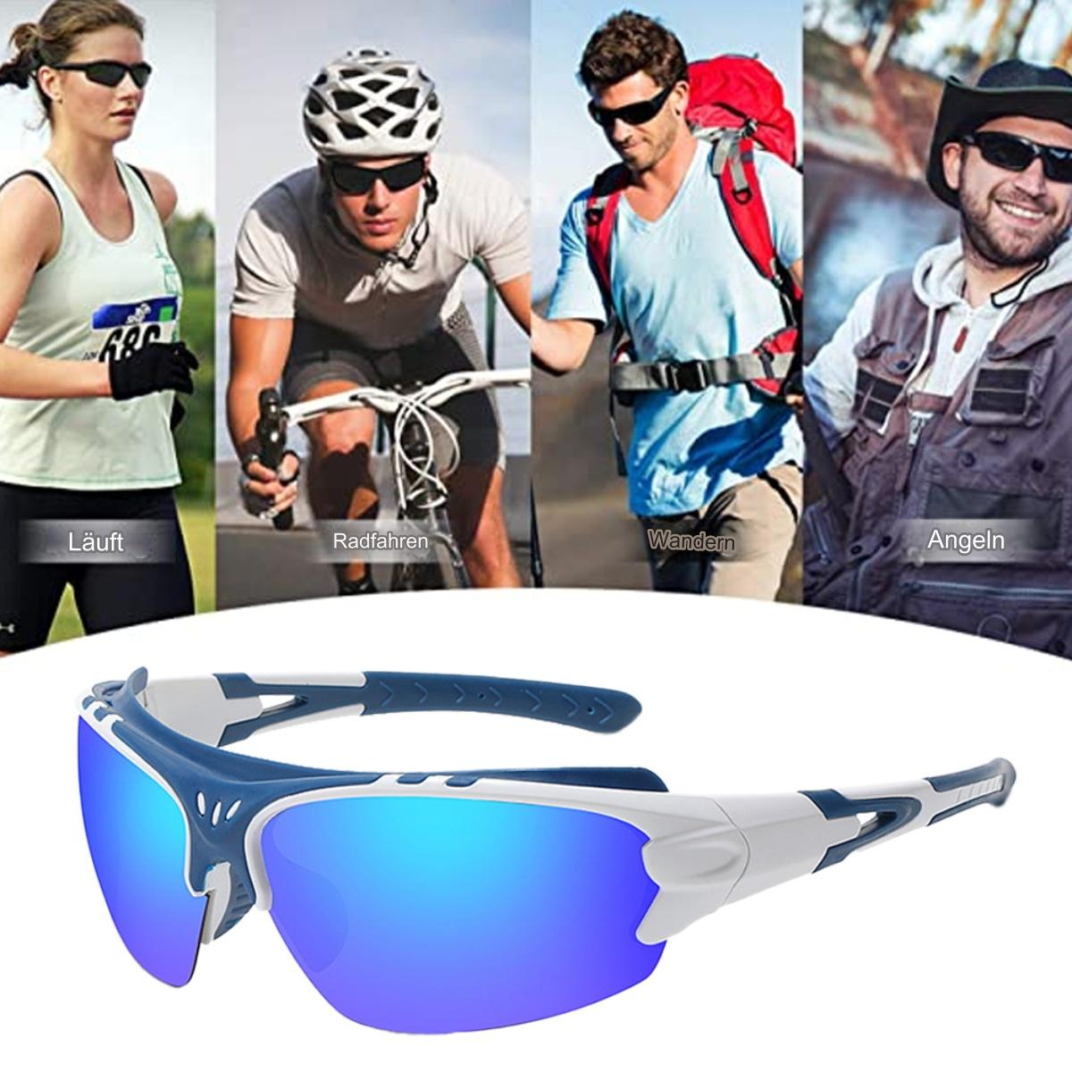 Sonnenbrillen und Menschen, die verschiedenen Aktivitäten nachgehen. Blaue und weiße Sonnenbrille unten.