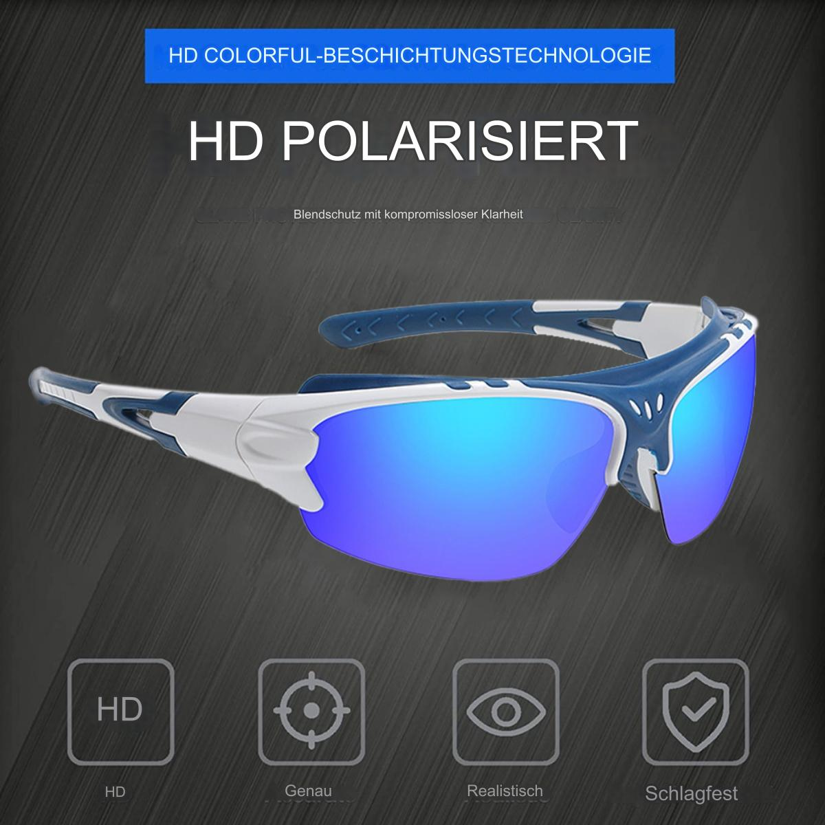 Blaue und weiße Sonnenbrille mit HD-Polarisationslinsen, auf einem Hintergrund.