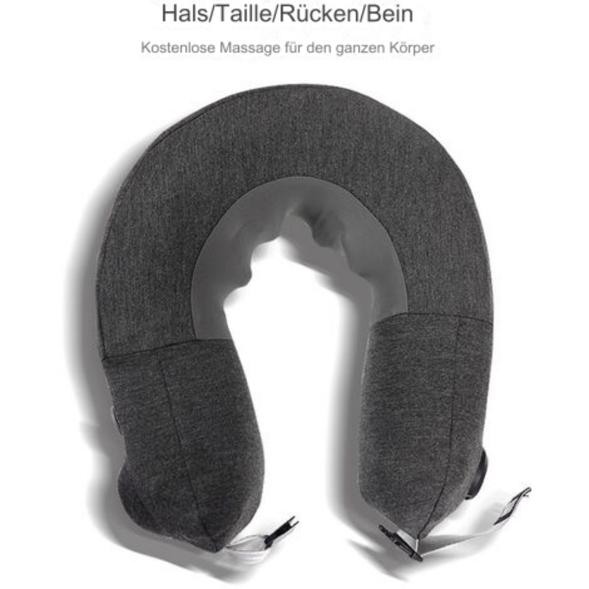 Graues U-förmiges Nackenkissen mit Text. Es ist ein Nackenmassagekissen.