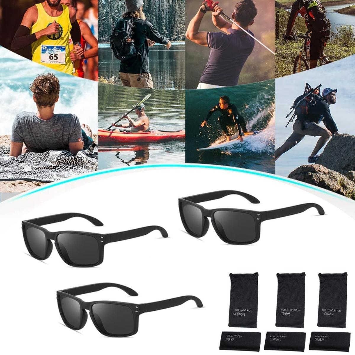 Mehrere Bilder von Menschen, die Sport mit Sonnenbrillen treiben, und drei Sonnenbrillenpaare.