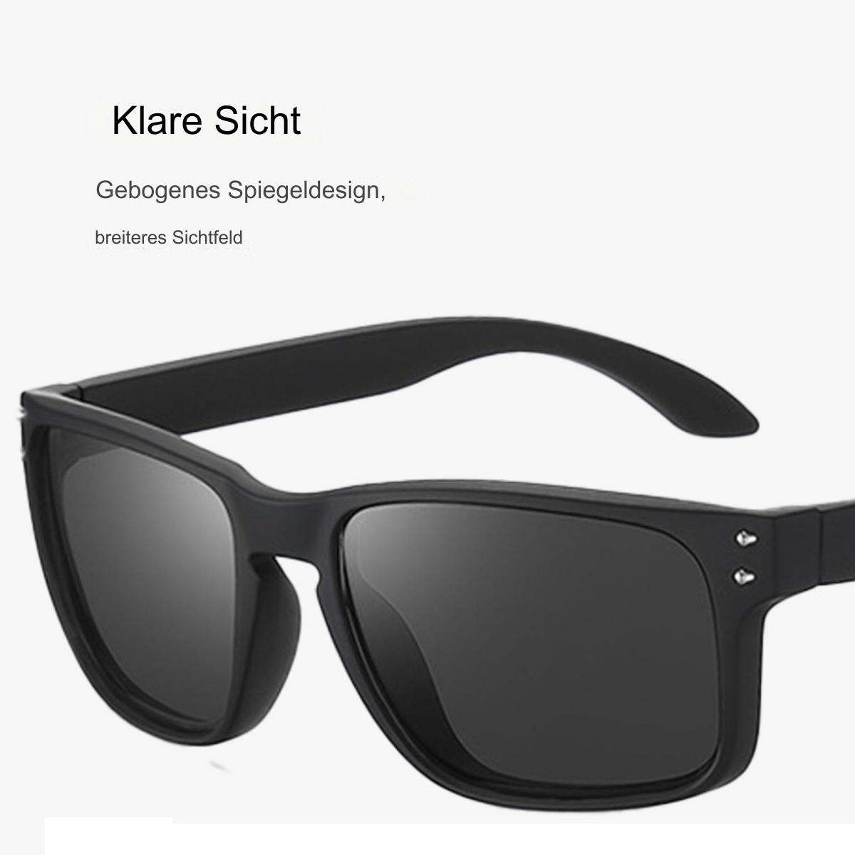 Schwarze Sonnenbrille mit schwarzem Gestell auf weißem Hintergrund. Text ist über der Brille sichtbar.