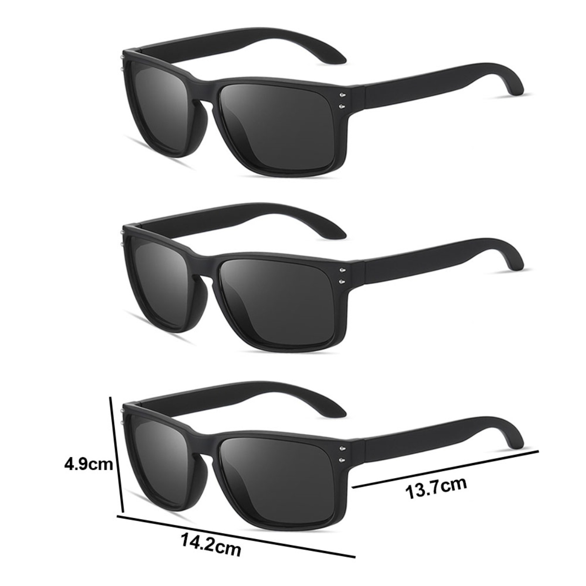 Drei Paar schwarze Sonnenbrillen. Abmessungen werden gezeigt, mit 4,9 cm Höhe und 14,2 cm Breite.