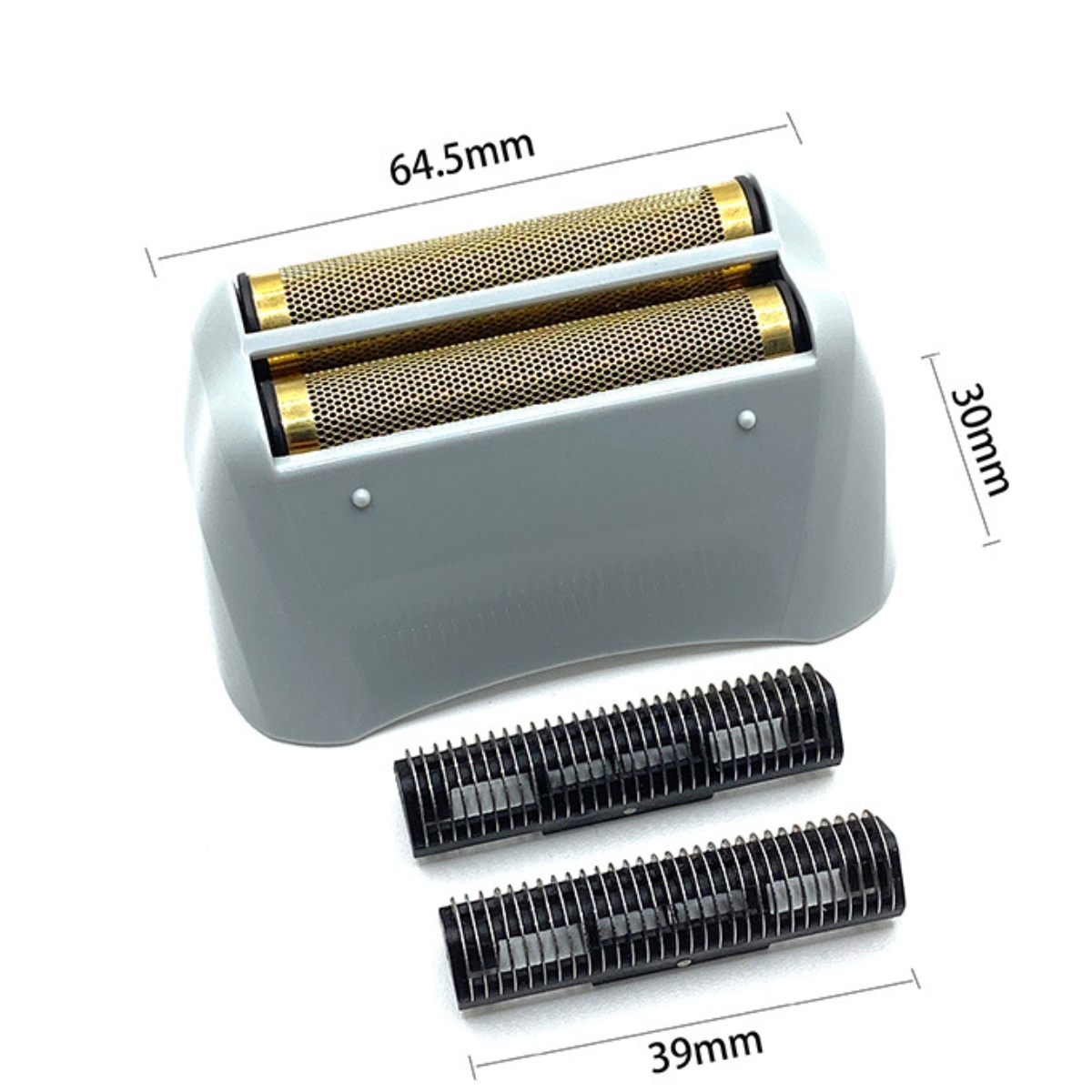 Ersatzteile für Elektrorasierer mit Abmessungen: zwei Folien, zwei Schneidklingen.
